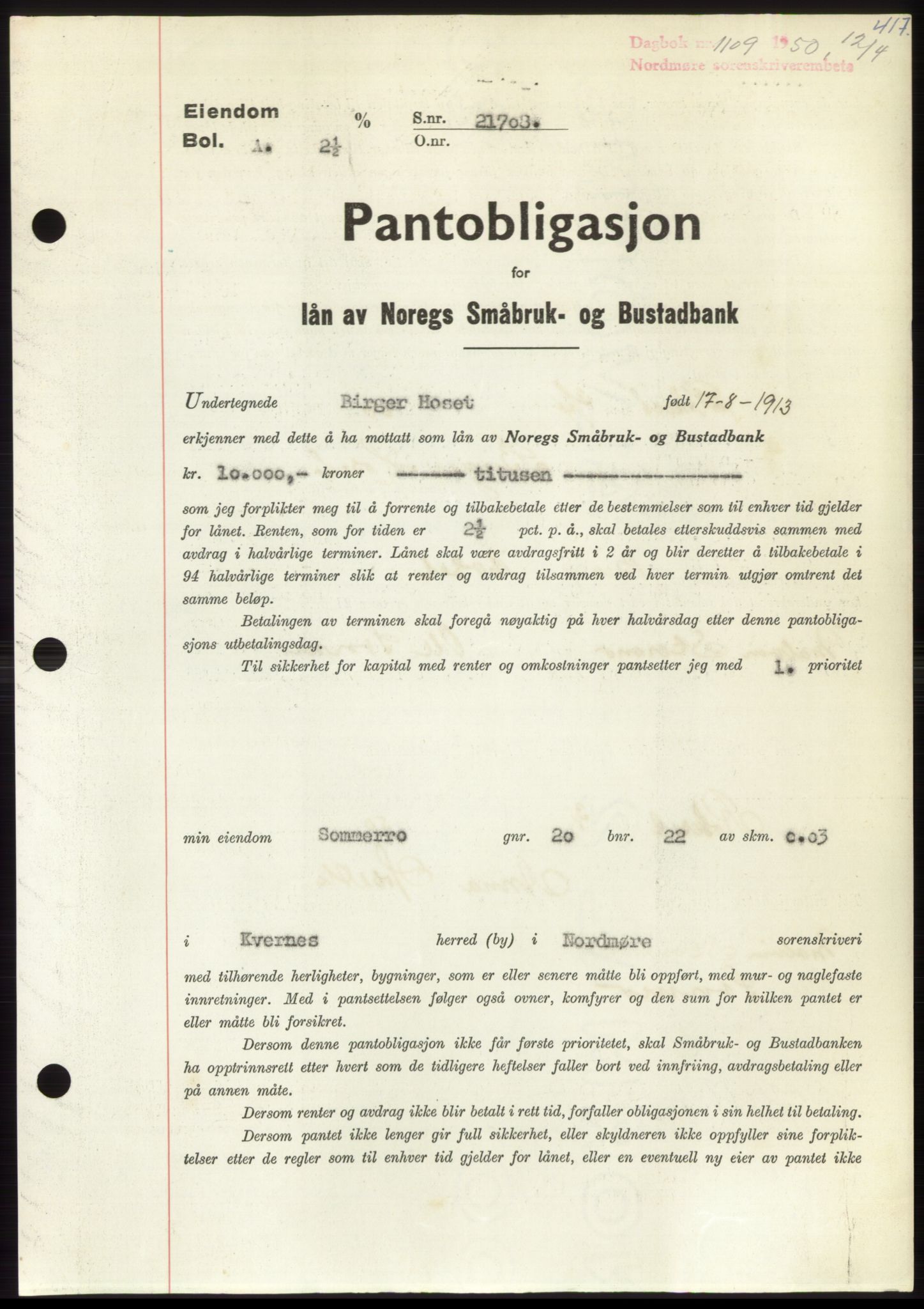 Nordmøre sorenskriveri, AV/SAT-A-4132/1/2/2Ca: Pantebok nr. B104, 1950-1950, Dagboknr: 1109/1950