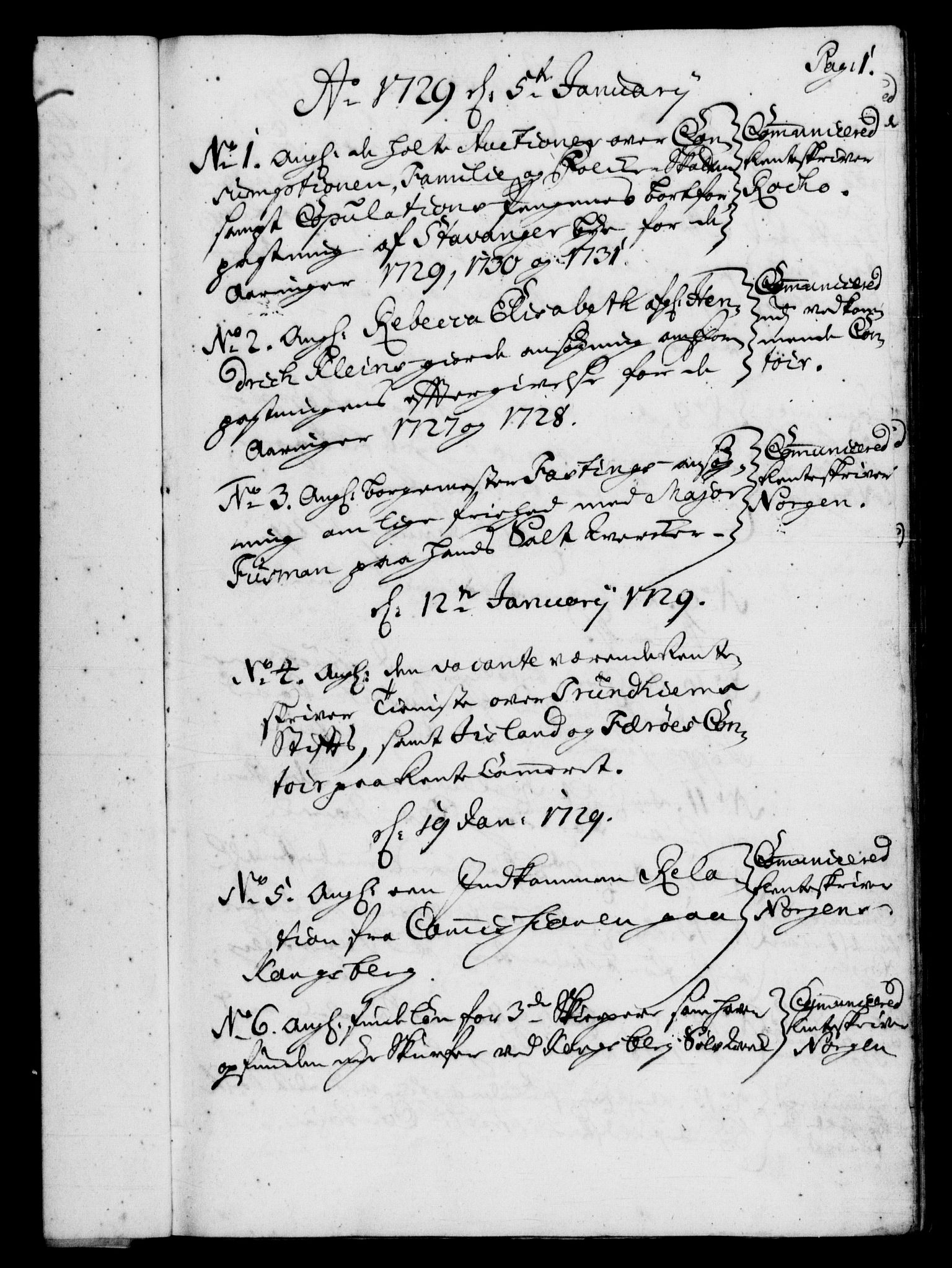 Rentekammeret, Kammerkanselliet, AV/RA-EA-3111/G/Gf/Gfb/L0003: Register til norske relasjons- og resolusjonsprotokoller (merket RK 52.98), 1729-1736, s. 1