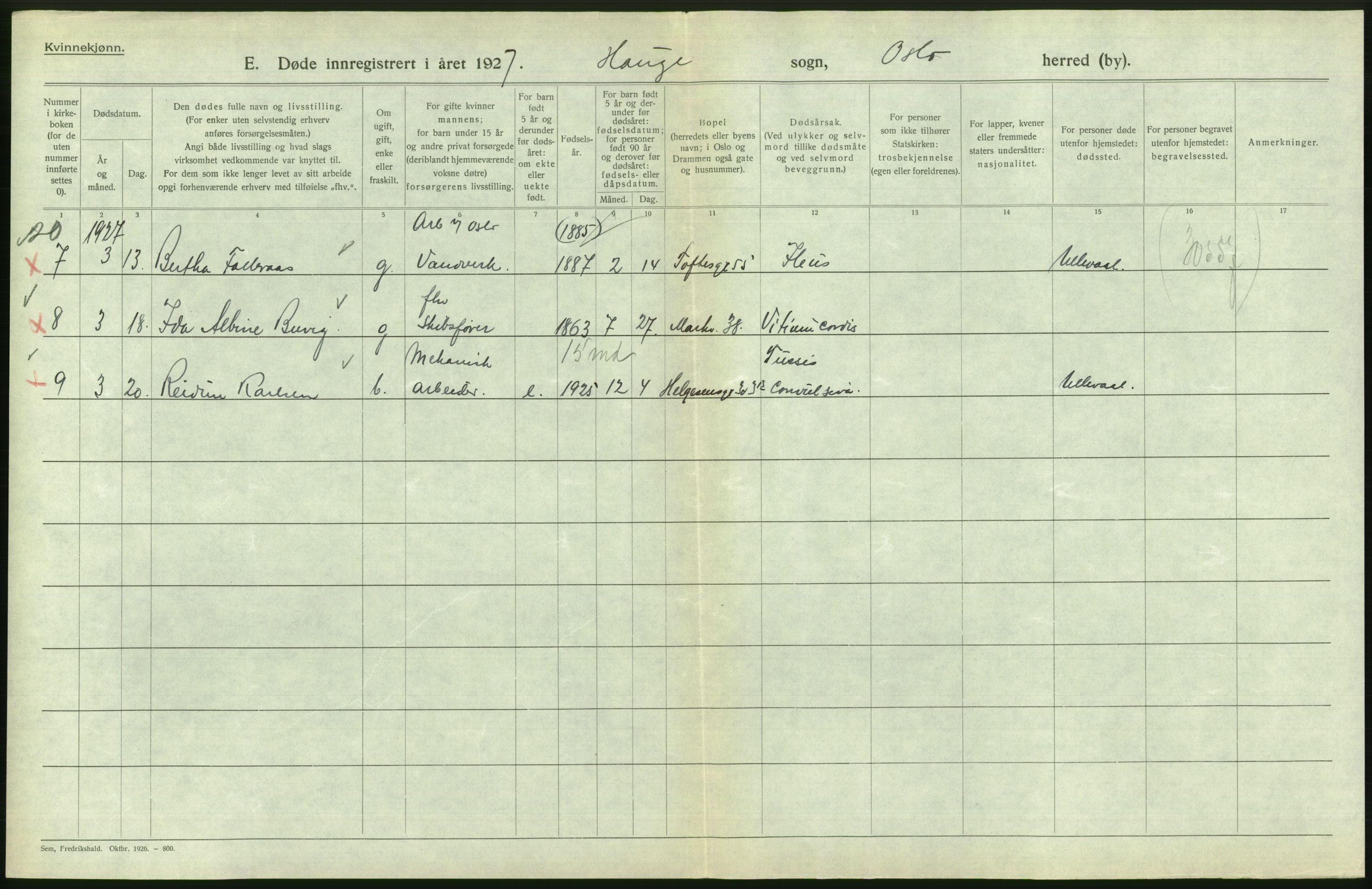 Statistisk sentralbyrå, Sosiodemografiske emner, Befolkning, AV/RA-S-2228/D/Df/Dfc/Dfcg/L0010: Oslo: Døde kvinner, dødfødte, 1927, s. 684