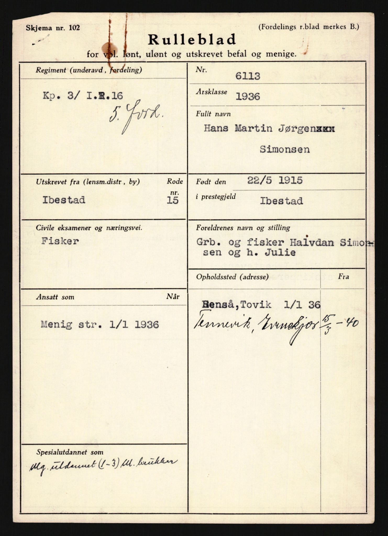 Forsvaret, Troms infanteriregiment nr. 16, AV/RA-RAFA-3146/P/Pa/L0020: Rulleblad for regimentets menige mannskaper, årsklasse 1936, 1936, s. 1195