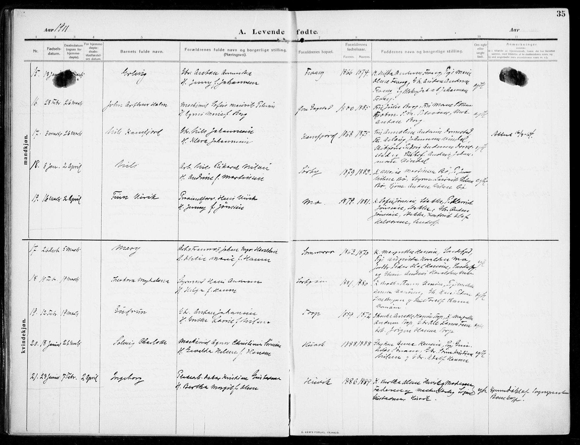 Sandar kirkebøker, AV/SAKO-A-243/F/Fa/L0016: Ministerialbok nr. 16, 1909-1919, s. 35