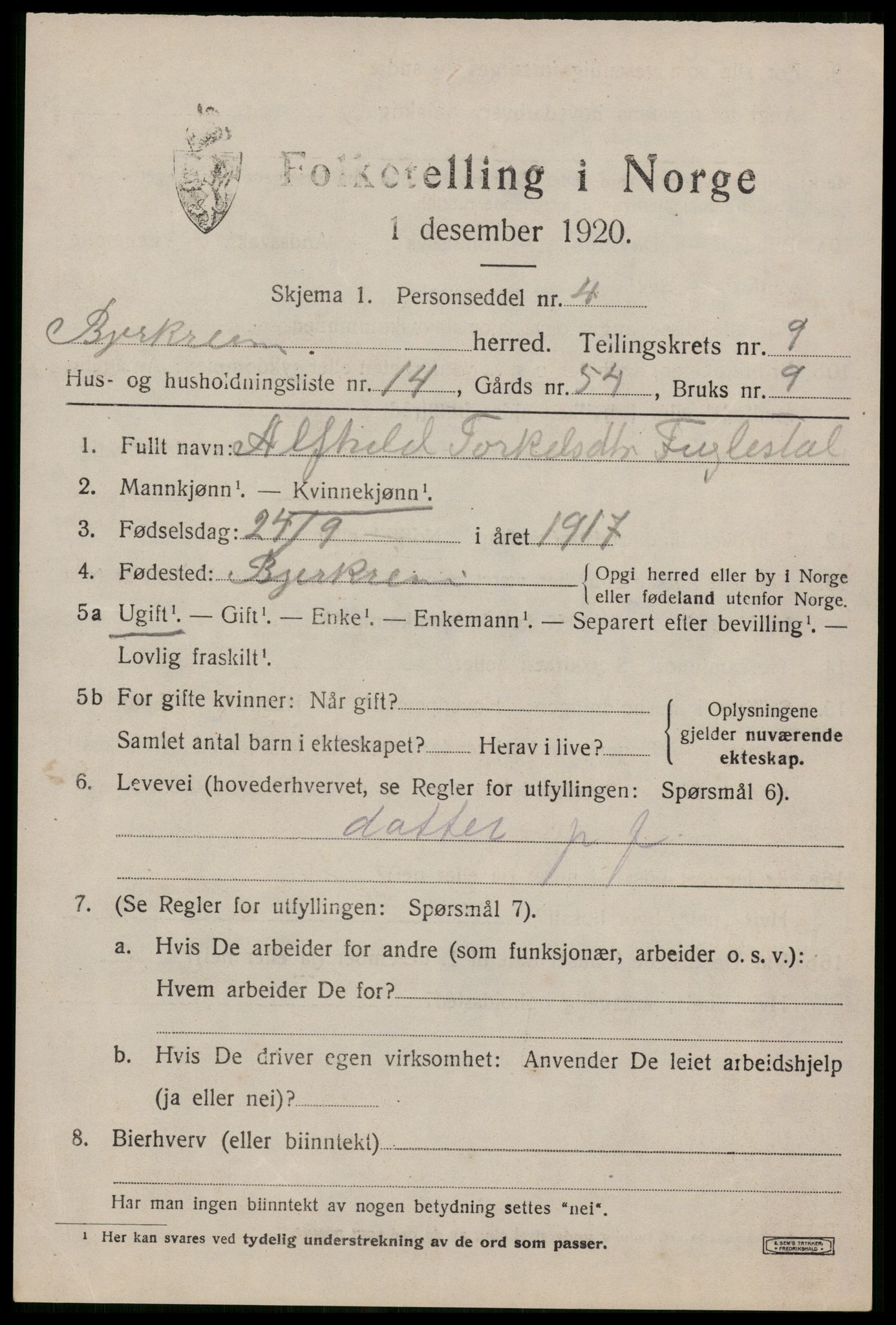 SAST, Folketelling 1920 for 1114 Bjerkreim herred, 1920, s. 3242