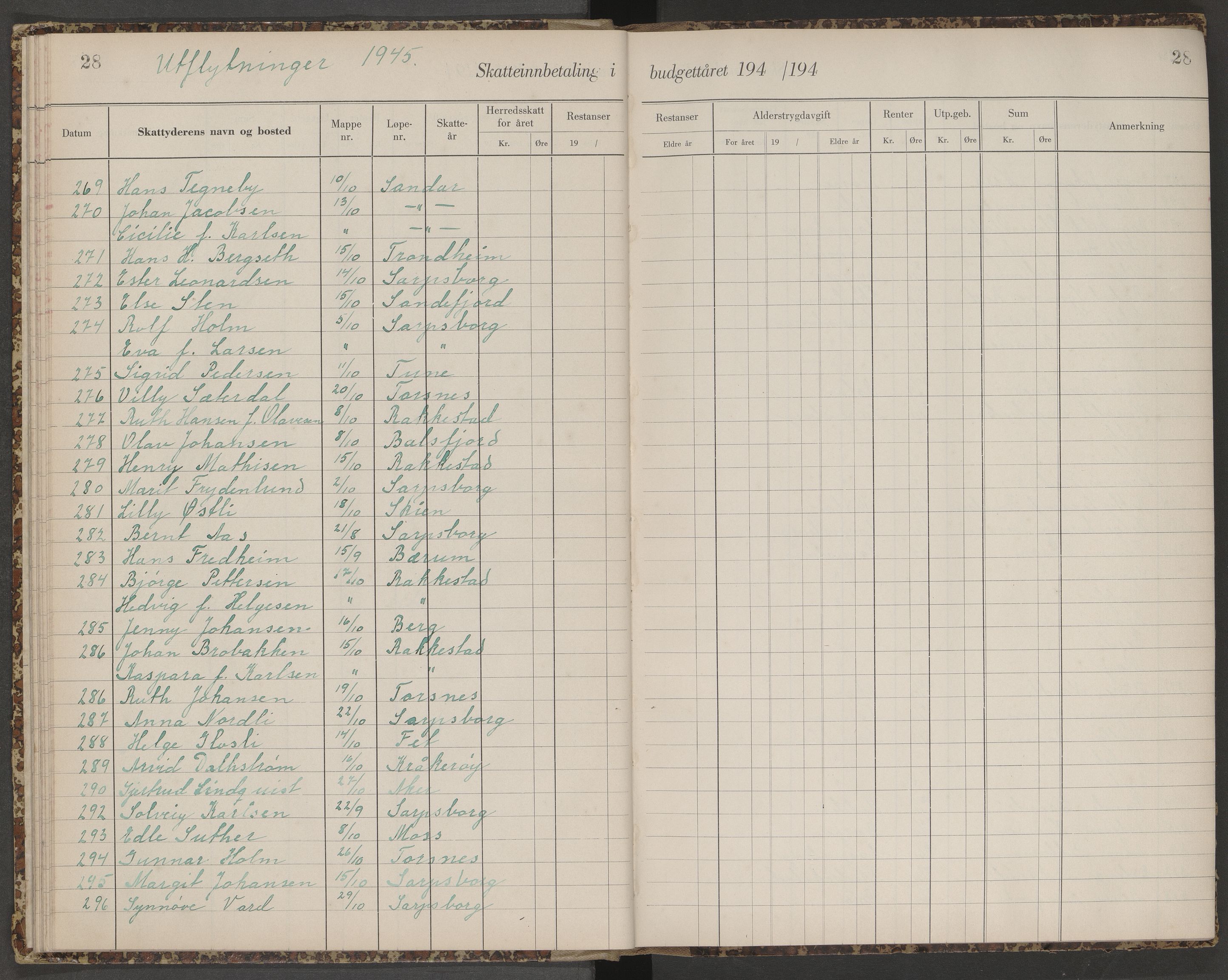 Skjeberg folkeregister, SAO/A-10495/K/Ka/L0003: Fortegnelse over inn- og utflyttede, 1943-1947, s. 28