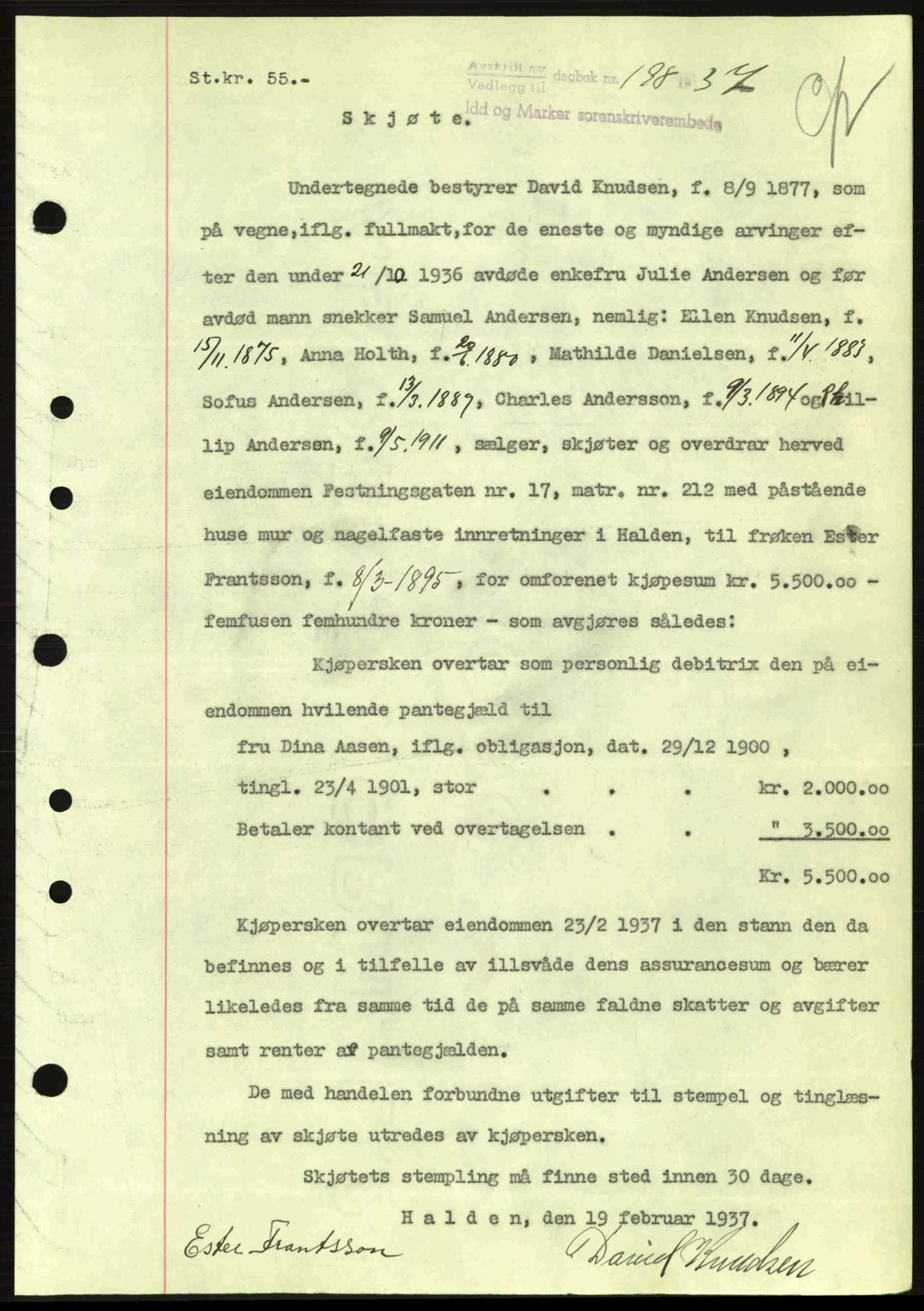 Idd og Marker sorenskriveri, AV/SAO-A-10283/G/Gb/Gbb/L0001: Pantebok nr. A1, 1936-1937, Dagboknr: 198/1937