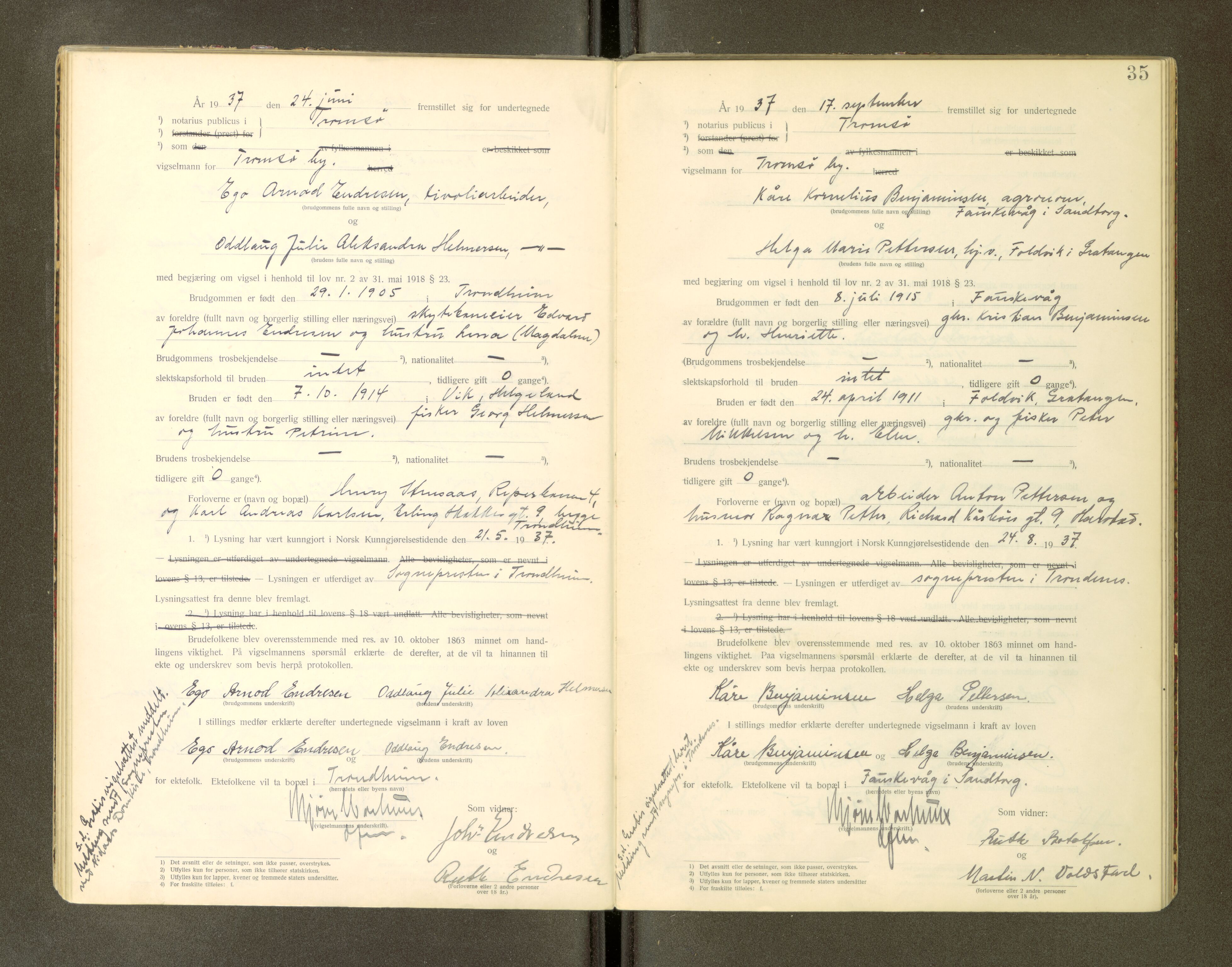 Tromsø byfogd/byrett, AV/SATØ-SATØ-0063/1/Ob/Obc/L0985: Vigselsbok, 1927-1942, s. 35