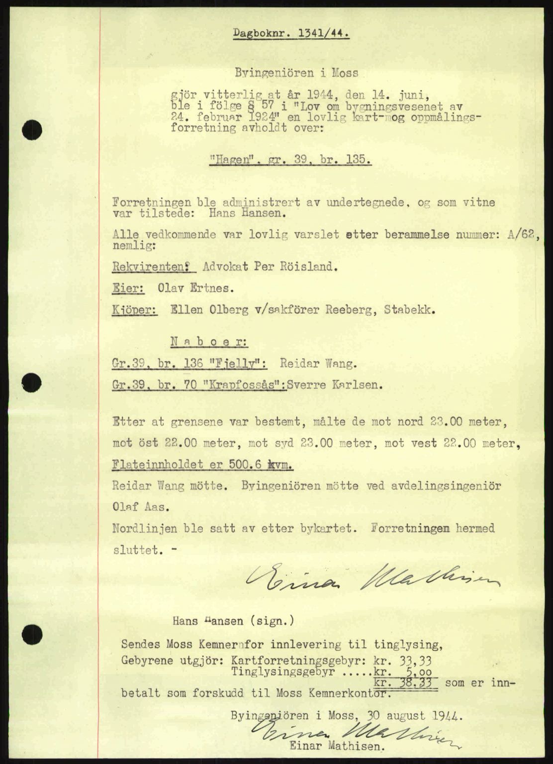 Moss sorenskriveri, SAO/A-10168: Pantebok nr. A12, 1943-1944, Dagboknr: 1341/1944