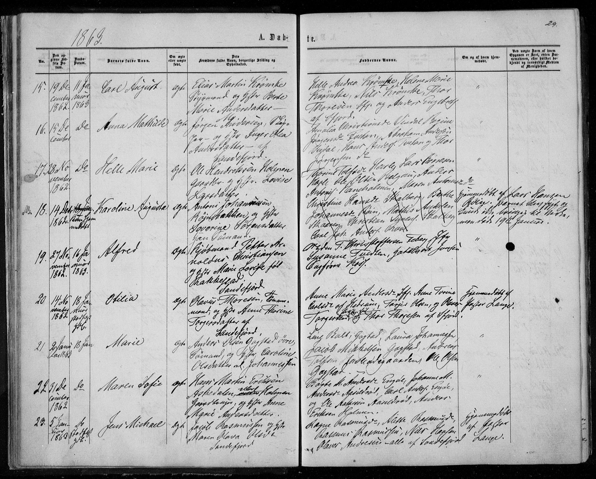 Sandar kirkebøker, AV/SAKO-A-243/F/Fa/L0008: Ministerialbok nr. 8, 1862-1871, s. 29