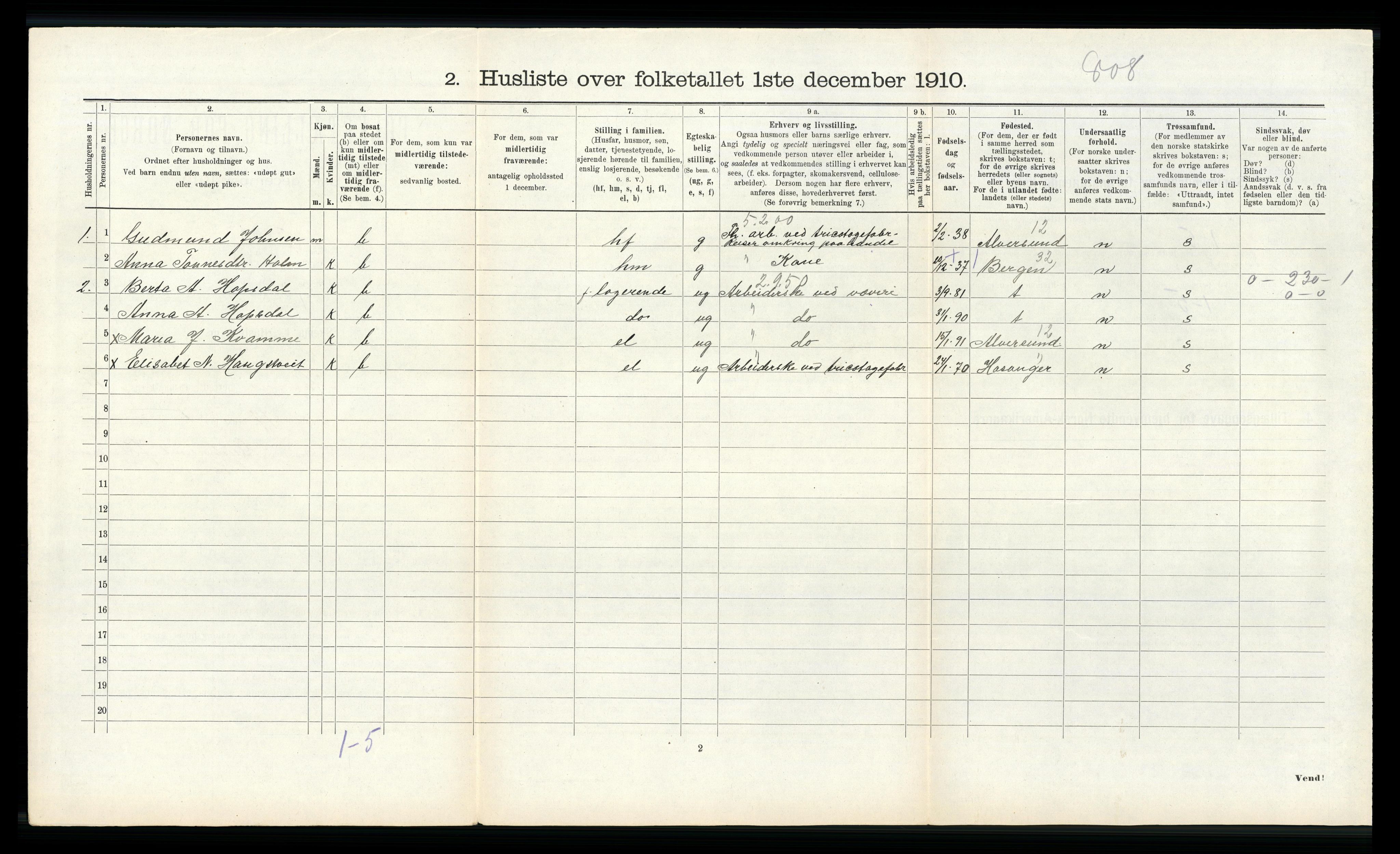 RA, Folketelling 1910 for 1254 Hamre herred, 1910, s. 889
