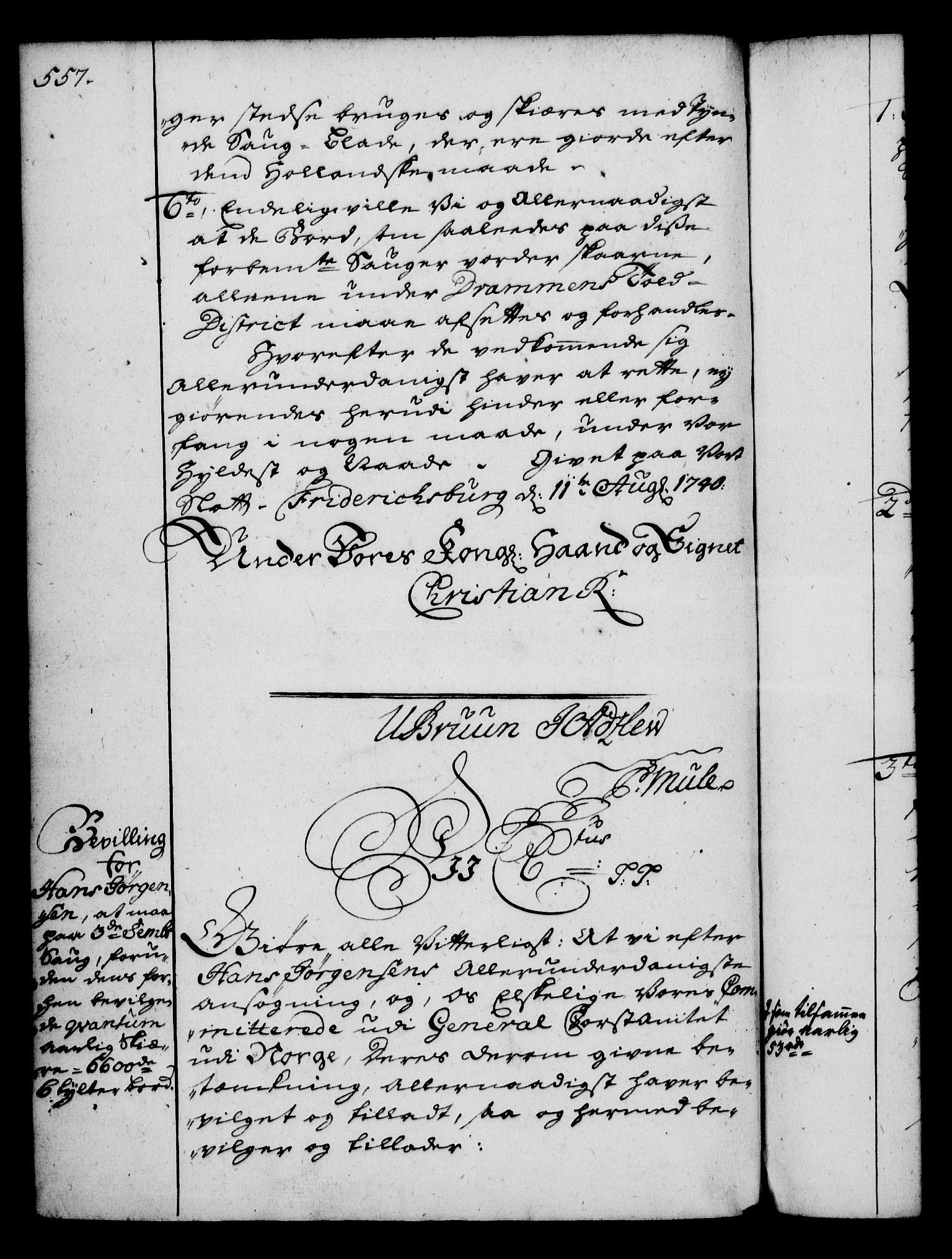 Rentekammeret, Kammerkanselliet, RA/EA-3111/G/Gg/Gga/L0004: Norsk ekspedisjonsprotokoll med register (merket RK 53.4), 1734-1741, s. 557