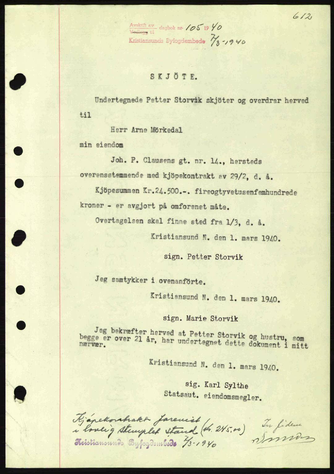 Kristiansund byfogd, AV/SAT-A-4587/A/27: Pantebok nr. 30, 1936-1941, Dagboknr: 105/1940