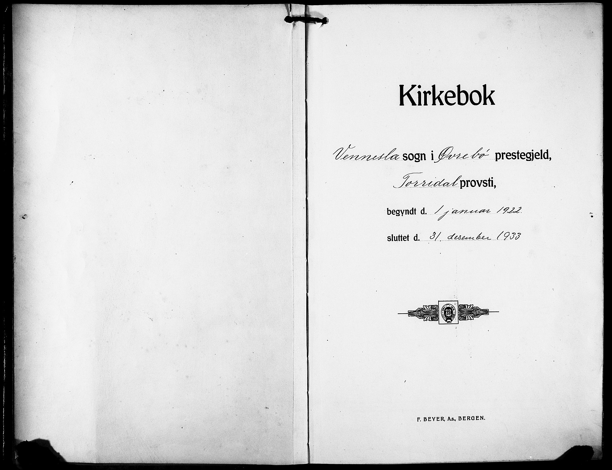 Vennesla sokneprestkontor, SAK/1111-0045/Fb/Fbb/L0007: Klokkerbok nr. B 7, 1922-1933