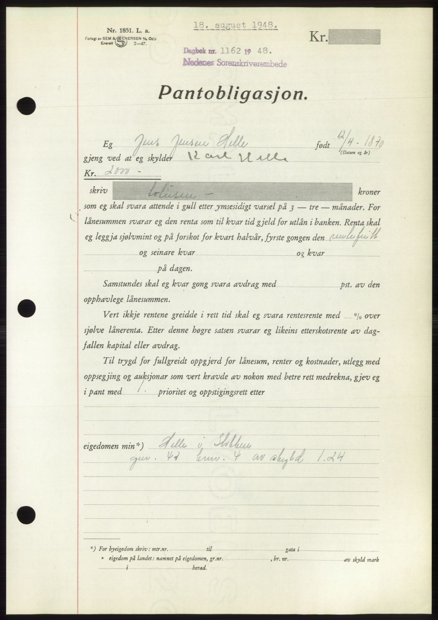 Nedenes sorenskriveri, AV/SAK-1221-0006/G/Gb/Gbb/L0005: Pantebok nr. B5, 1948-1948, Dagboknr: 1162/1948