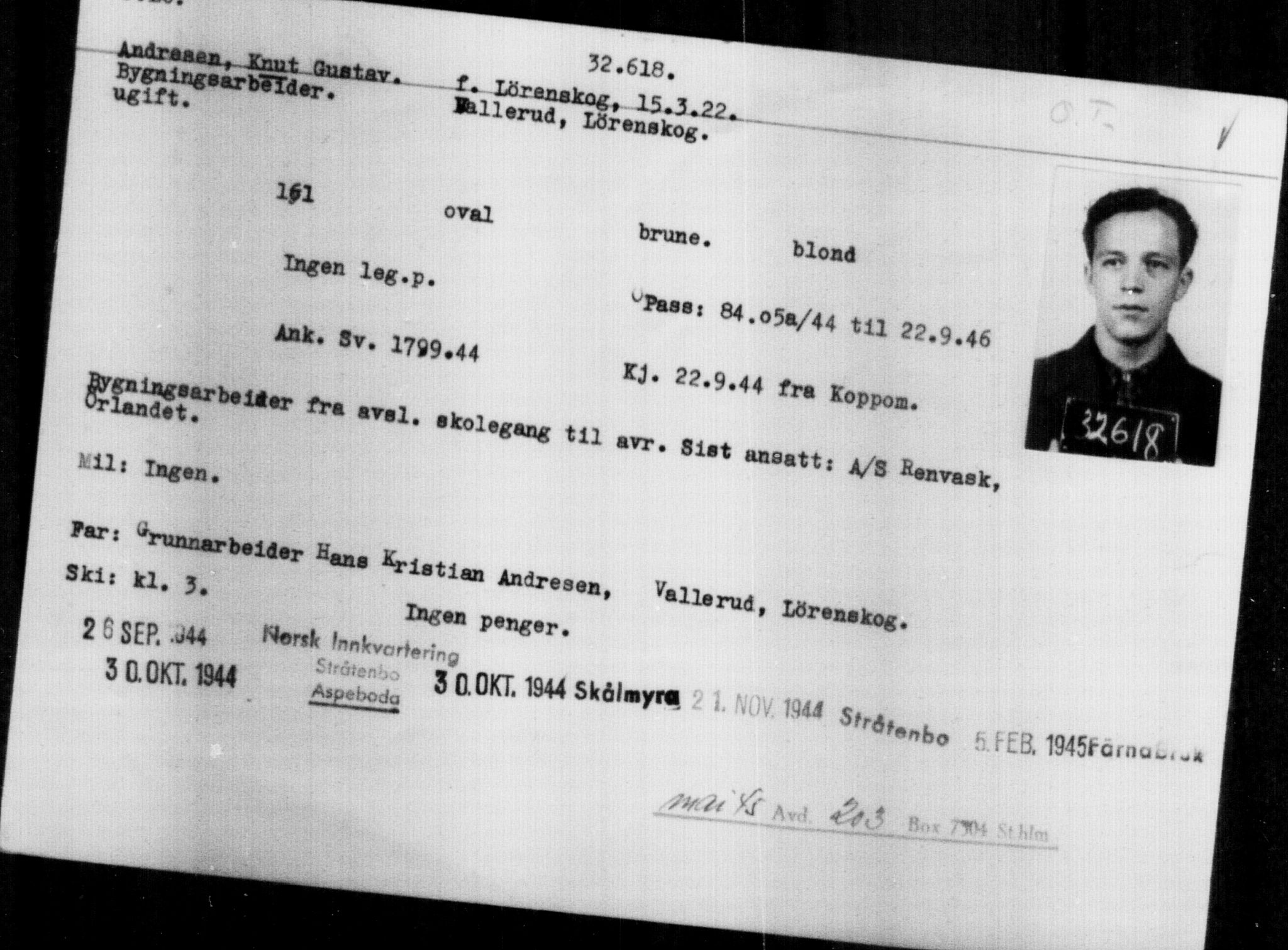 Utenriksstasjonene, Legasjonen i Stockholm, Flyktningkontoret, AV/RA-S-6753/V/Va/L0013: Kjesäterkartoteket, flyktninger med registreringsnr. 31500-34731, 1940-1945, s. 1179