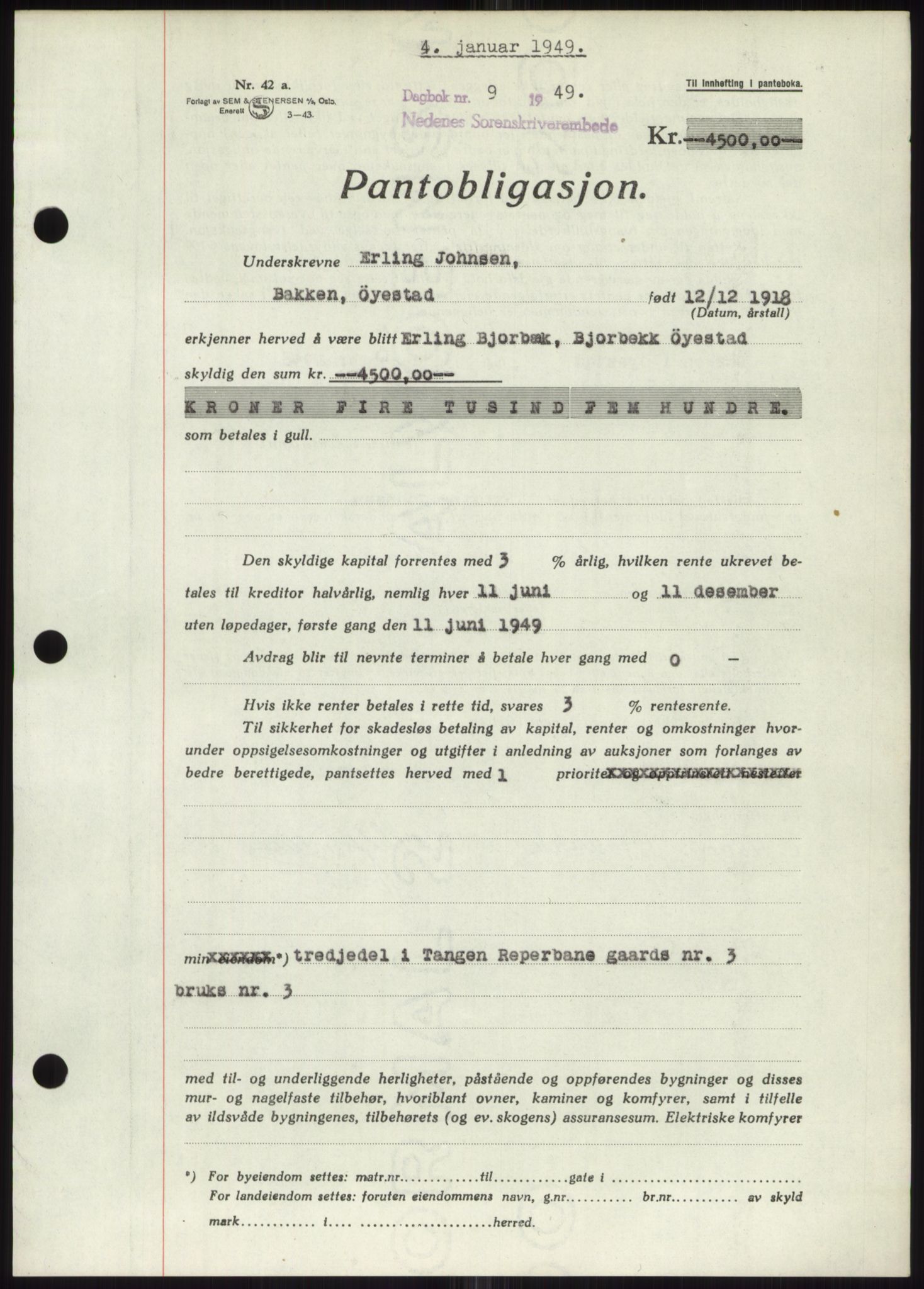 Nedenes sorenskriveri, SAK/1221-0006/G/Gb/Gbb/L0006: Pantebok nr. B6, 1948-1949, Dagboknr: 9/1949