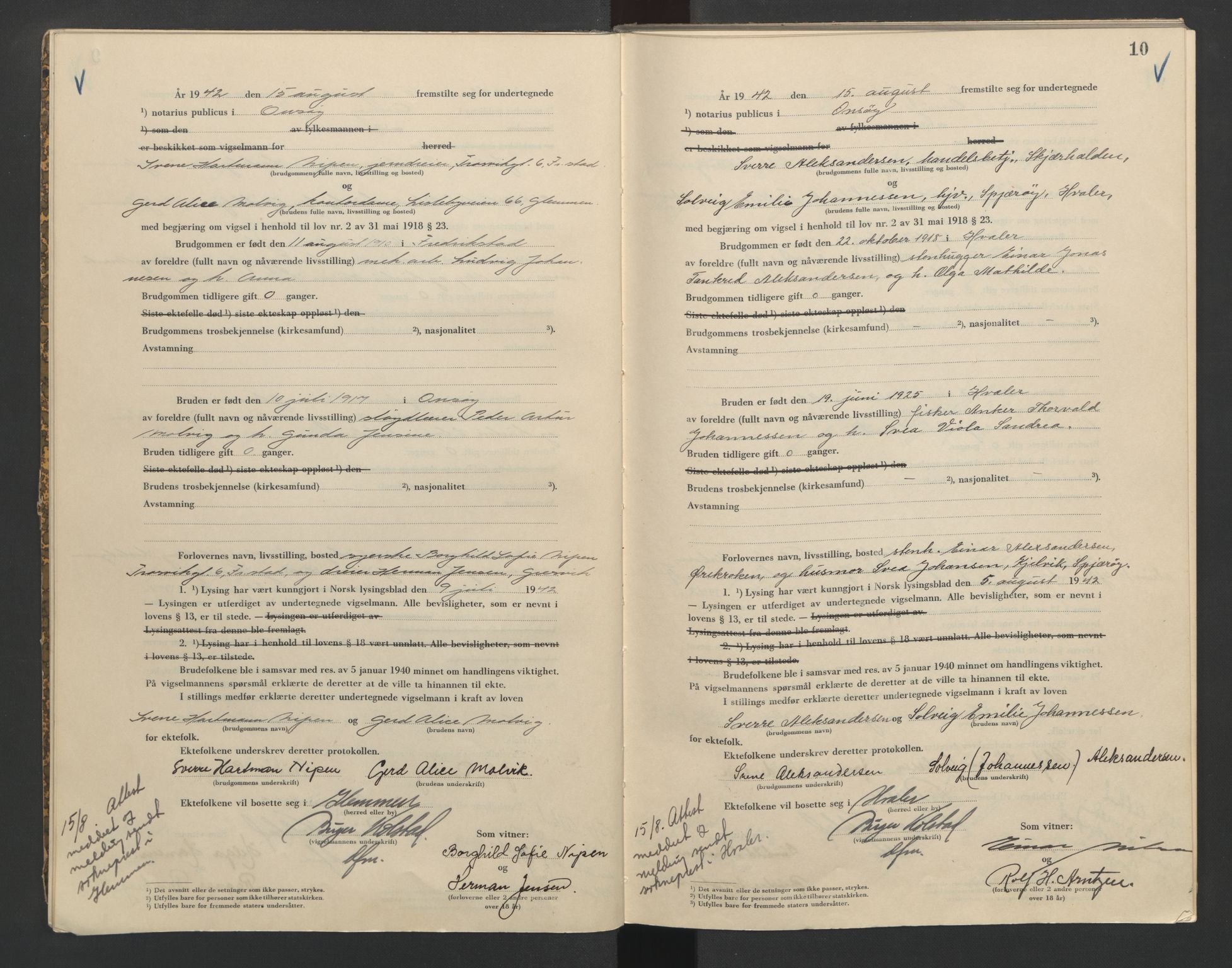 Onsøy sorenskriveri, AV/SAO-A-10474/L/La/L0002: Vigselsbok, 1942-1943, s. 10