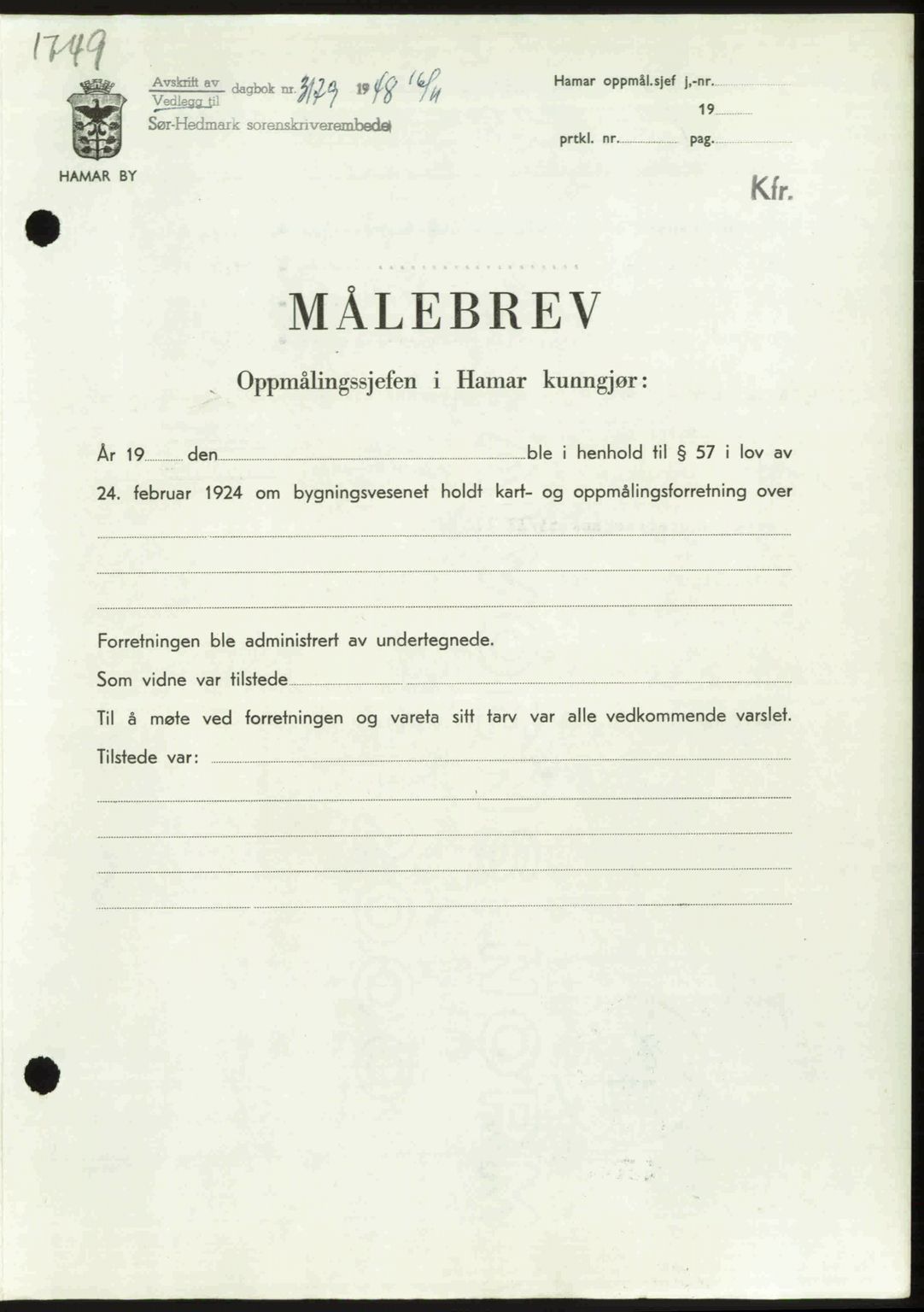 Sør-Hedmark sorenskriveri, SAH/TING-014/H/Hb/Hbd/L0018: Pantebok nr. 18, 1948-1949, Dagboknr: 3179/1948