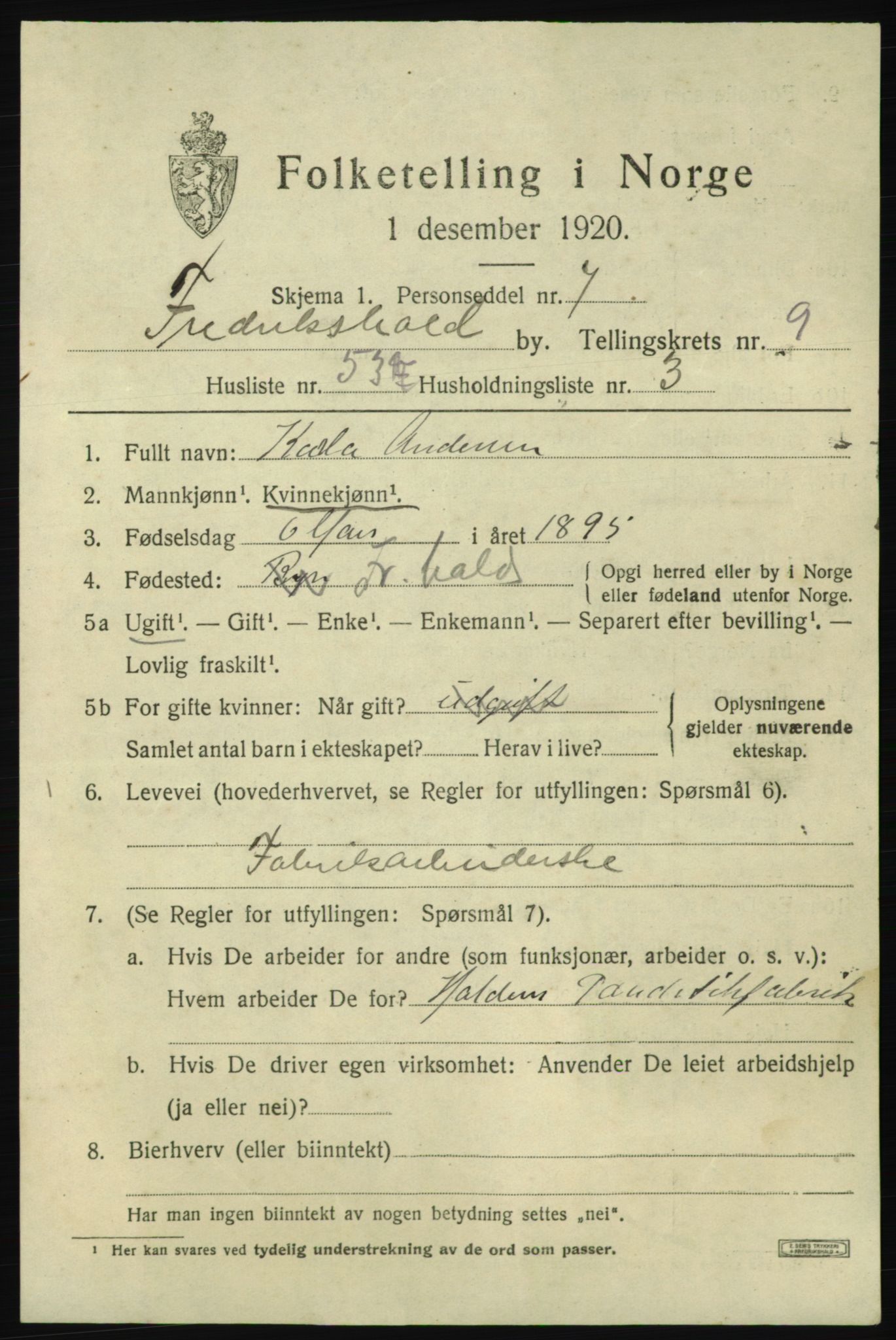 SAO, Folketelling 1920 for 0101 Fredrikshald kjøpstad, 1920, s. 17277