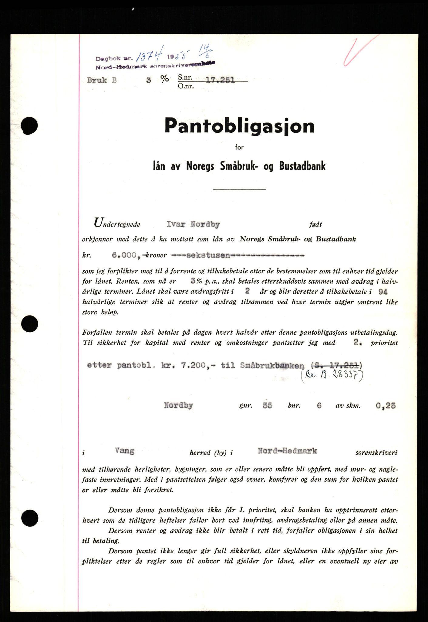 Nord-Hedmark sorenskriveri, SAH/TING-012/H/Hb/Hbf/L0032: Pantebok nr. B32, 1955-1955, Dagboknr: 1374/1952