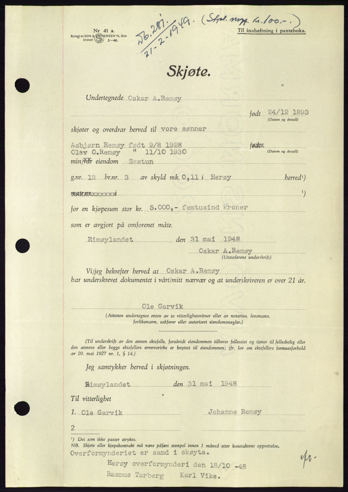 Søre Sunnmøre sorenskriveri, SAT/A-4122/1/2/2C/L0084: Pantebok nr. 10A, 1949-1949, Dagboknr: 281/1949