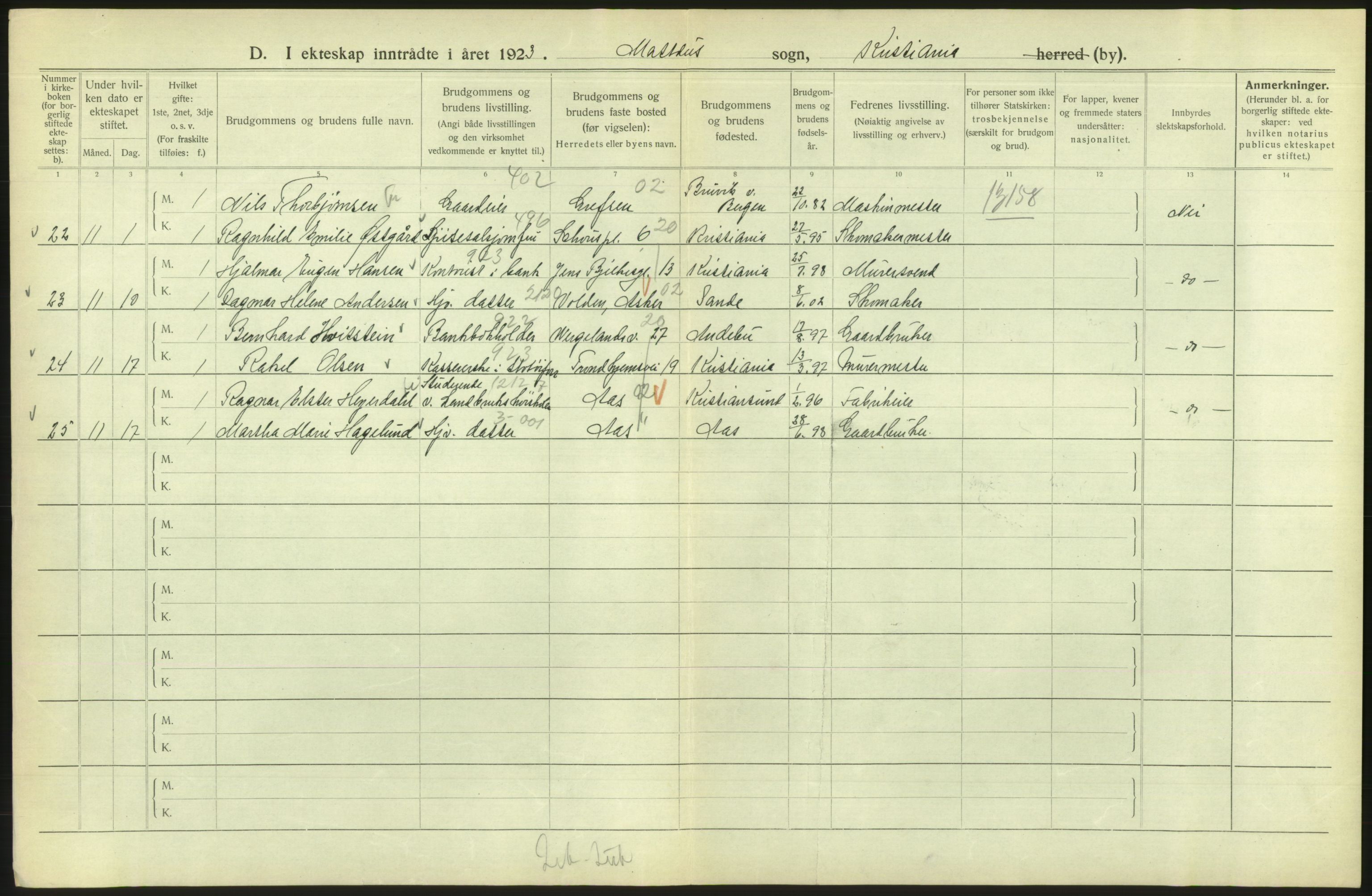 Statistisk sentralbyrå, Sosiodemografiske emner, Befolkning, AV/RA-S-2228/D/Df/Dfc/Dfcc/L0008: Kristiania: Gifte, 1923, s. 470