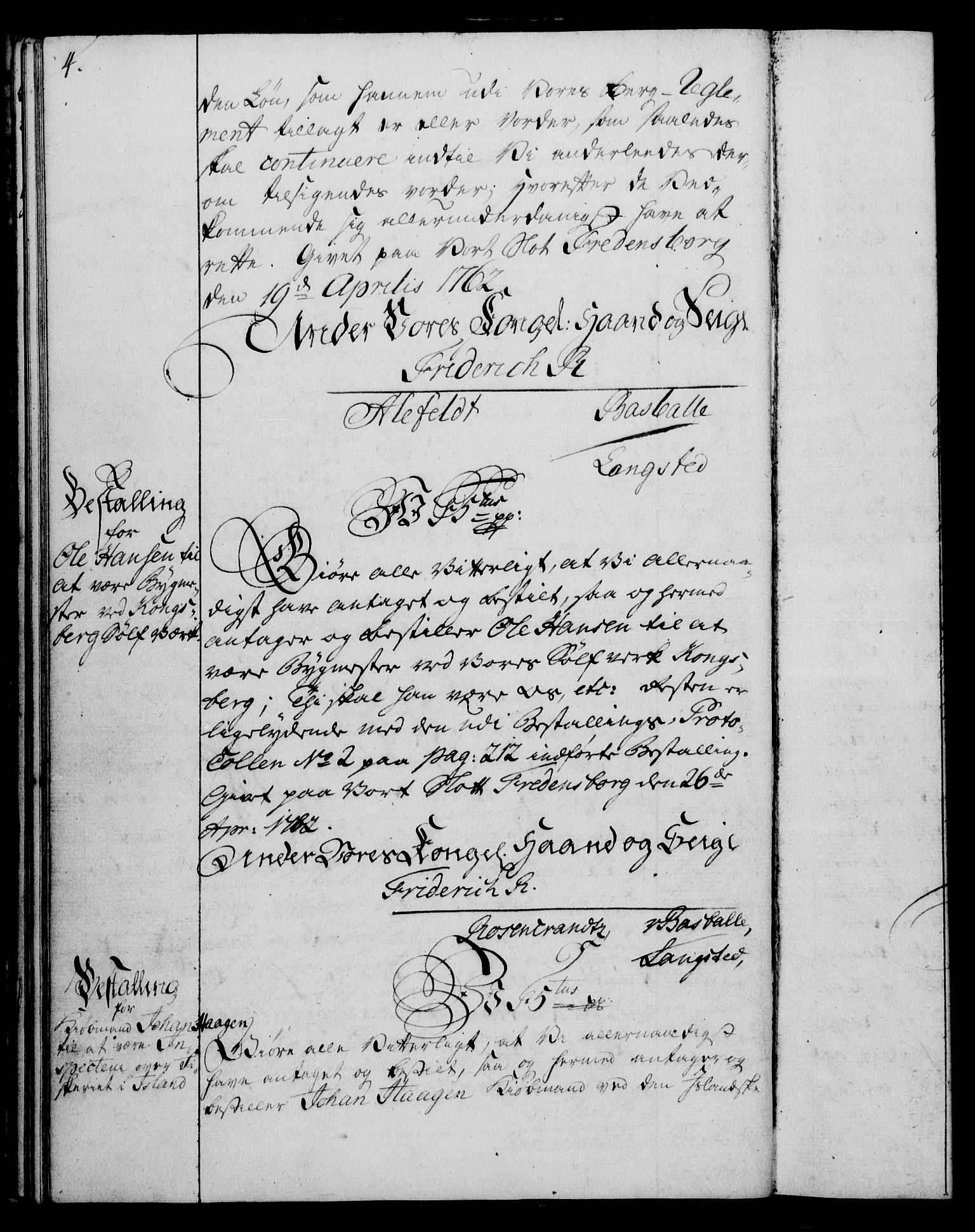 Rentekammeret, Kammerkanselliet, RA/EA-3111/G/Gg/Gge/L0004: Norsk bestallingsprotokoll med register (merket RK 53.28), 1762-1771, s. 4