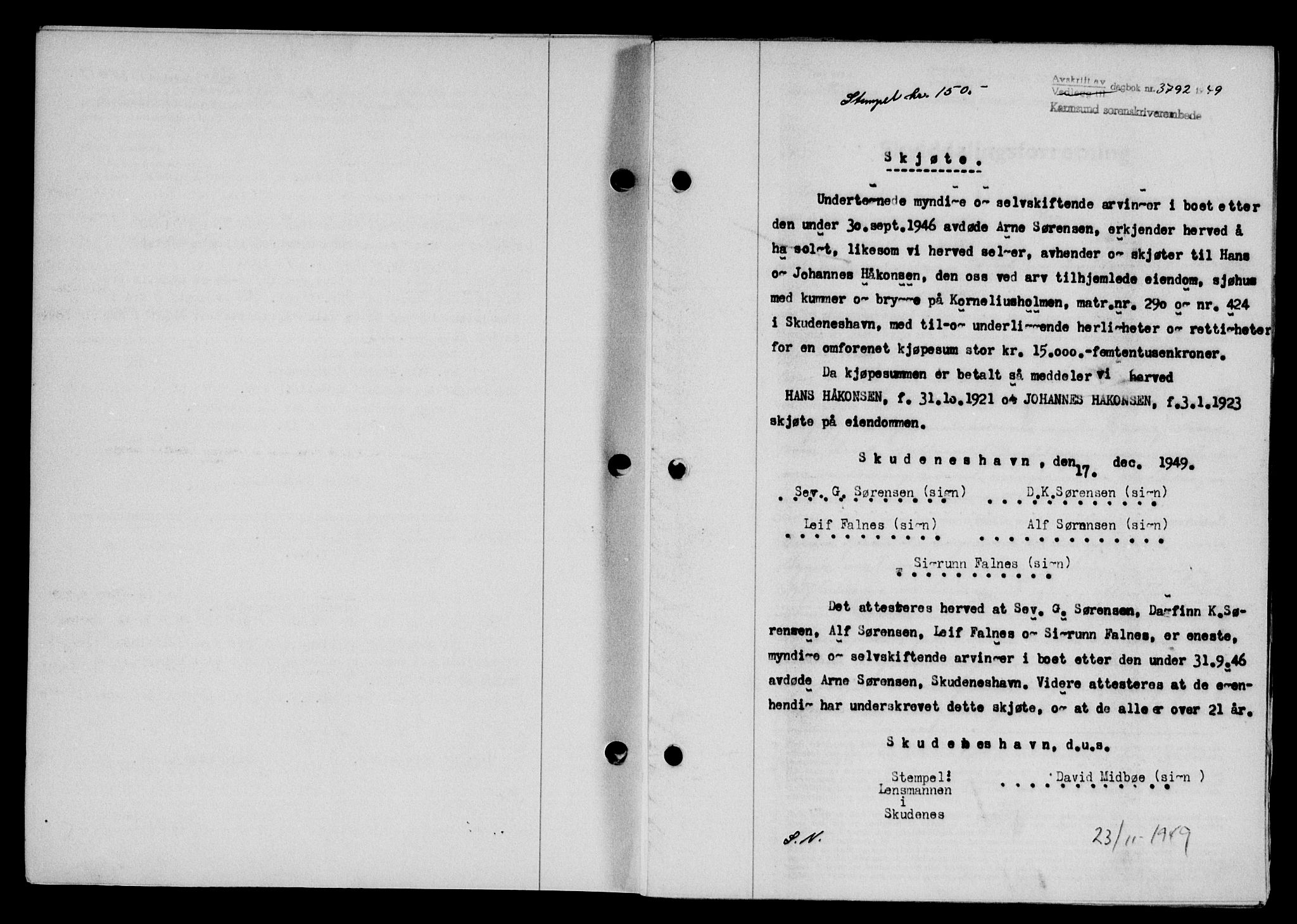 Karmsund sorenskriveri, SAST/A-100311/01/II/IIB/L0098: Pantebok nr. 78A, 1949-1950, Dagboknr: 3792/1949