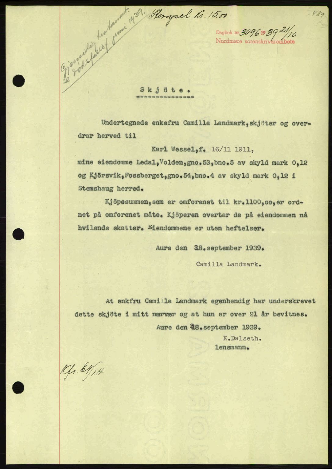 Nordmøre sorenskriveri, SAT/A-4132/1/2/2Ca: Pantebok nr. A87, 1939-1940, Dagboknr: 3096/1939