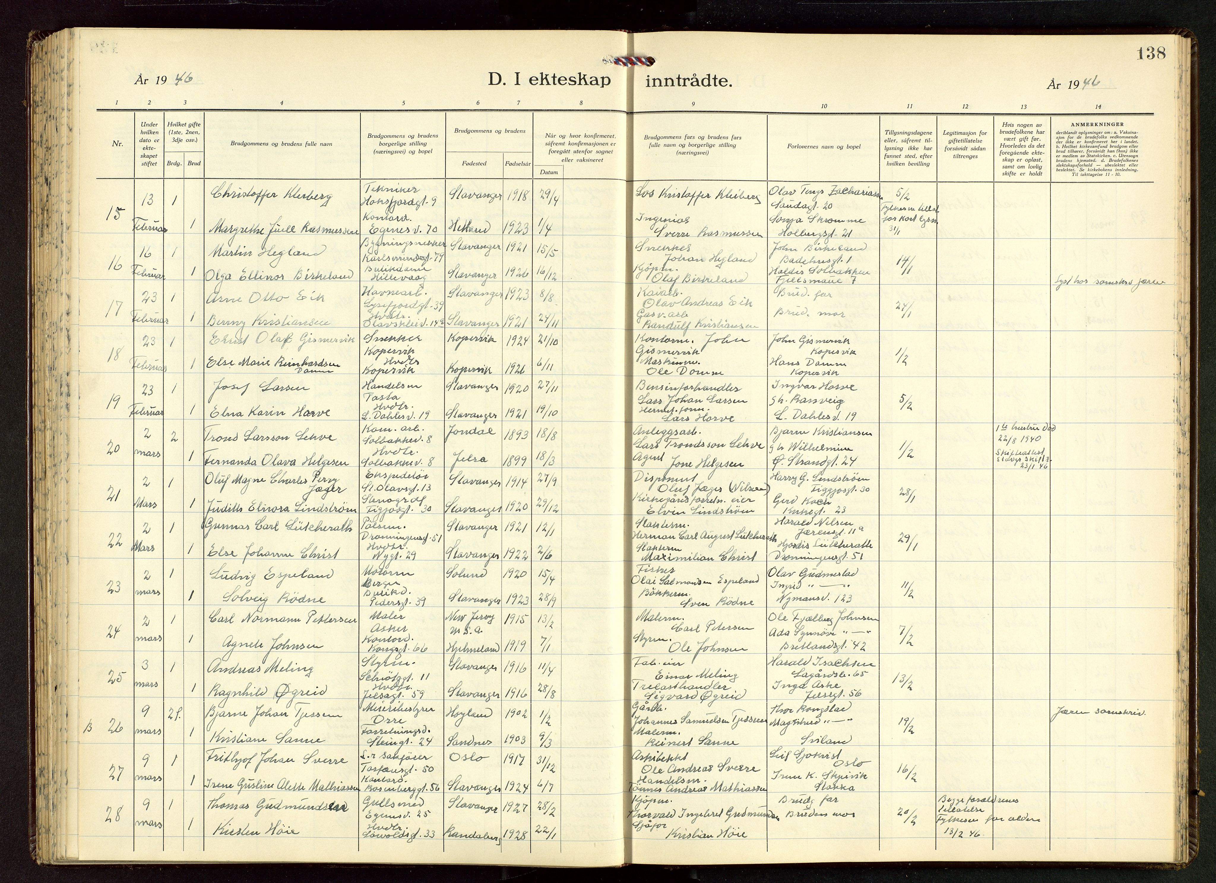 Domkirken sokneprestkontor, AV/SAST-A-101812/001/30/30BB/L0022: Klokkerbok nr. B 22, 1937-1949, s. 138