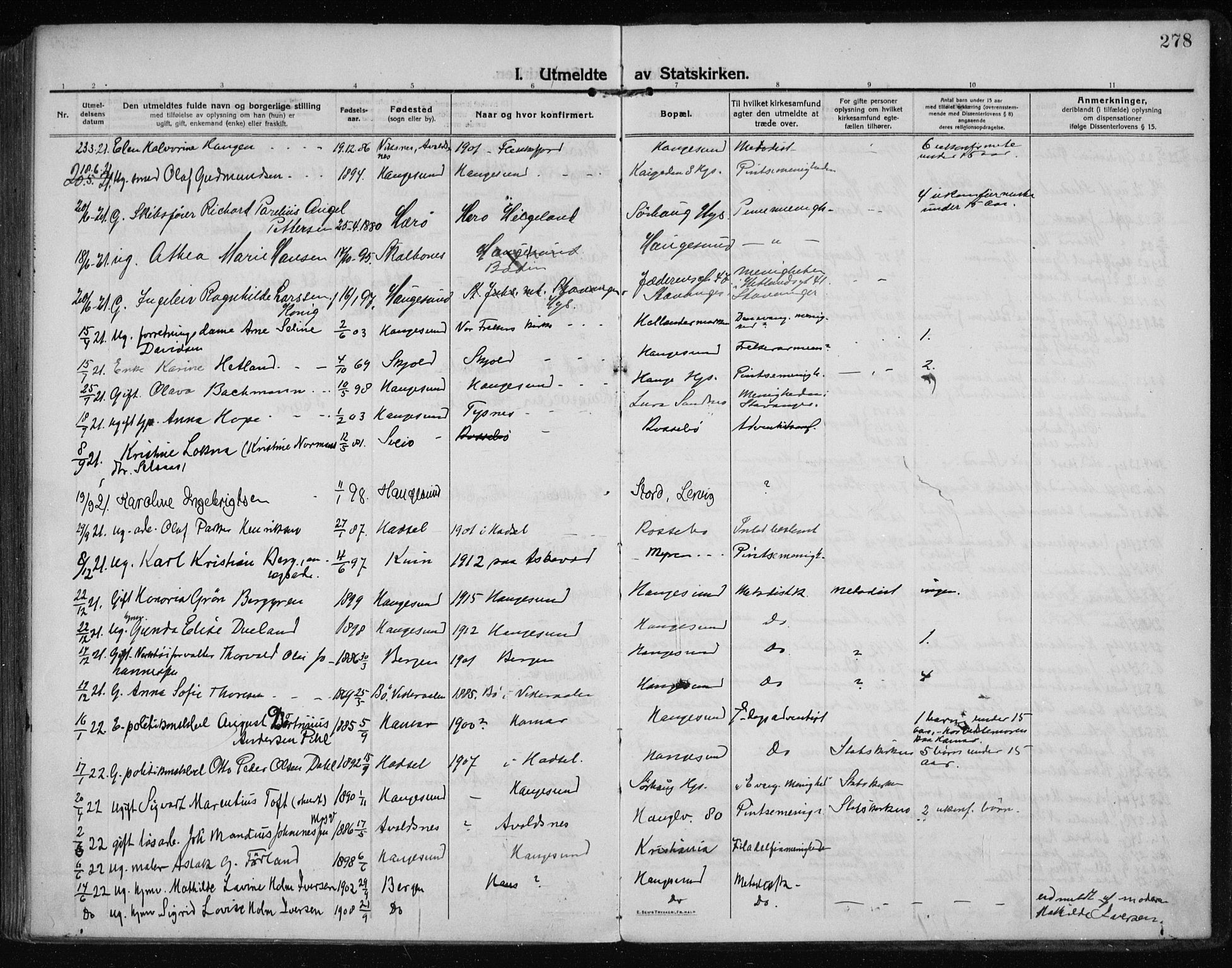 Haugesund sokneprestkontor, AV/SAST-A -101863/H/Ha/Haa/L0009: Ministerialbok nr. A 9, 1914-1929, s. 278