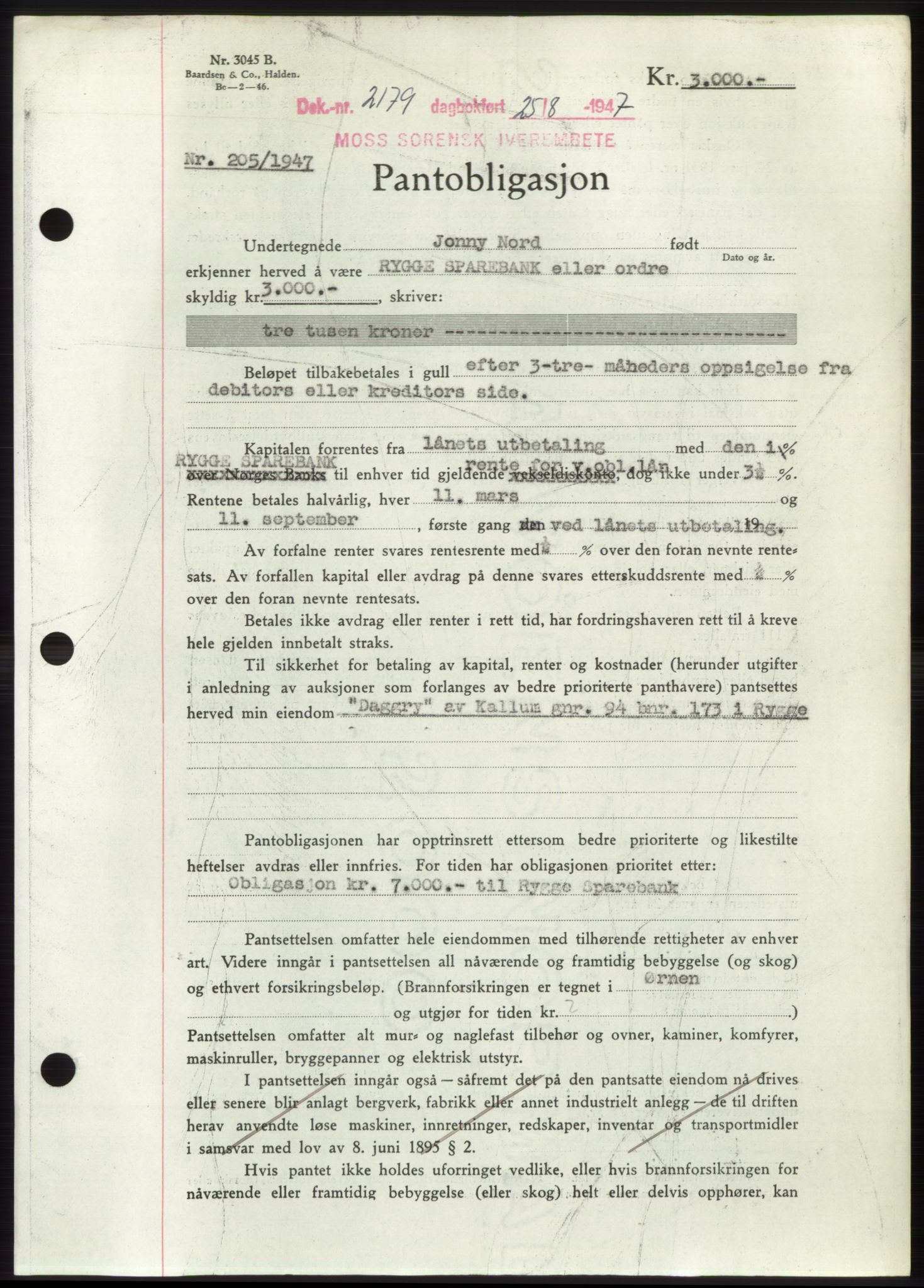 Moss sorenskriveri, SAO/A-10168: Pantebok nr. B17, 1947-1947, Dagboknr: 2179/1947