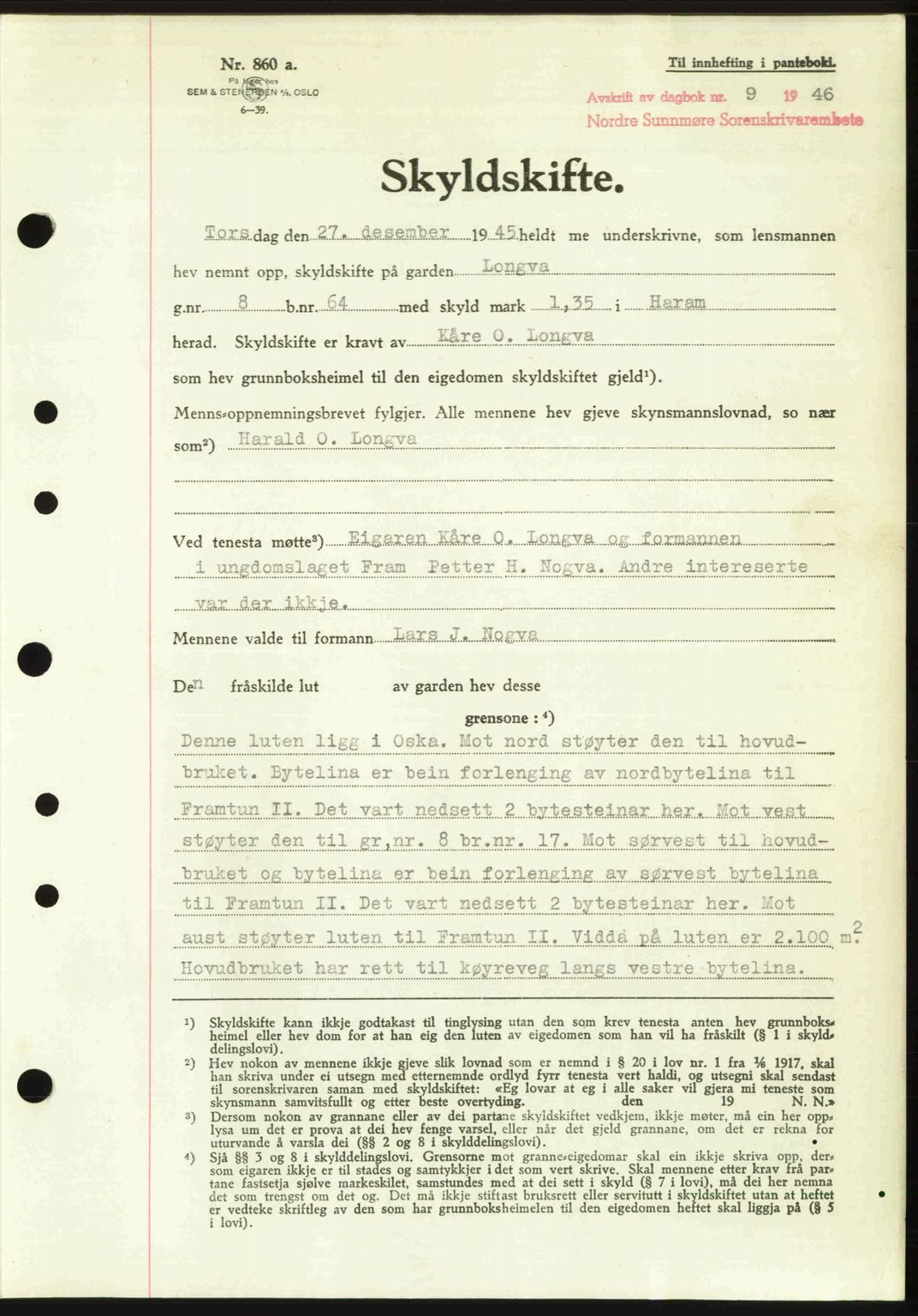 Nordre Sunnmøre sorenskriveri, AV/SAT-A-0006/1/2/2C/2Ca: Pantebok nr. A20b, 1946-1946, Dagboknr: 9/1946