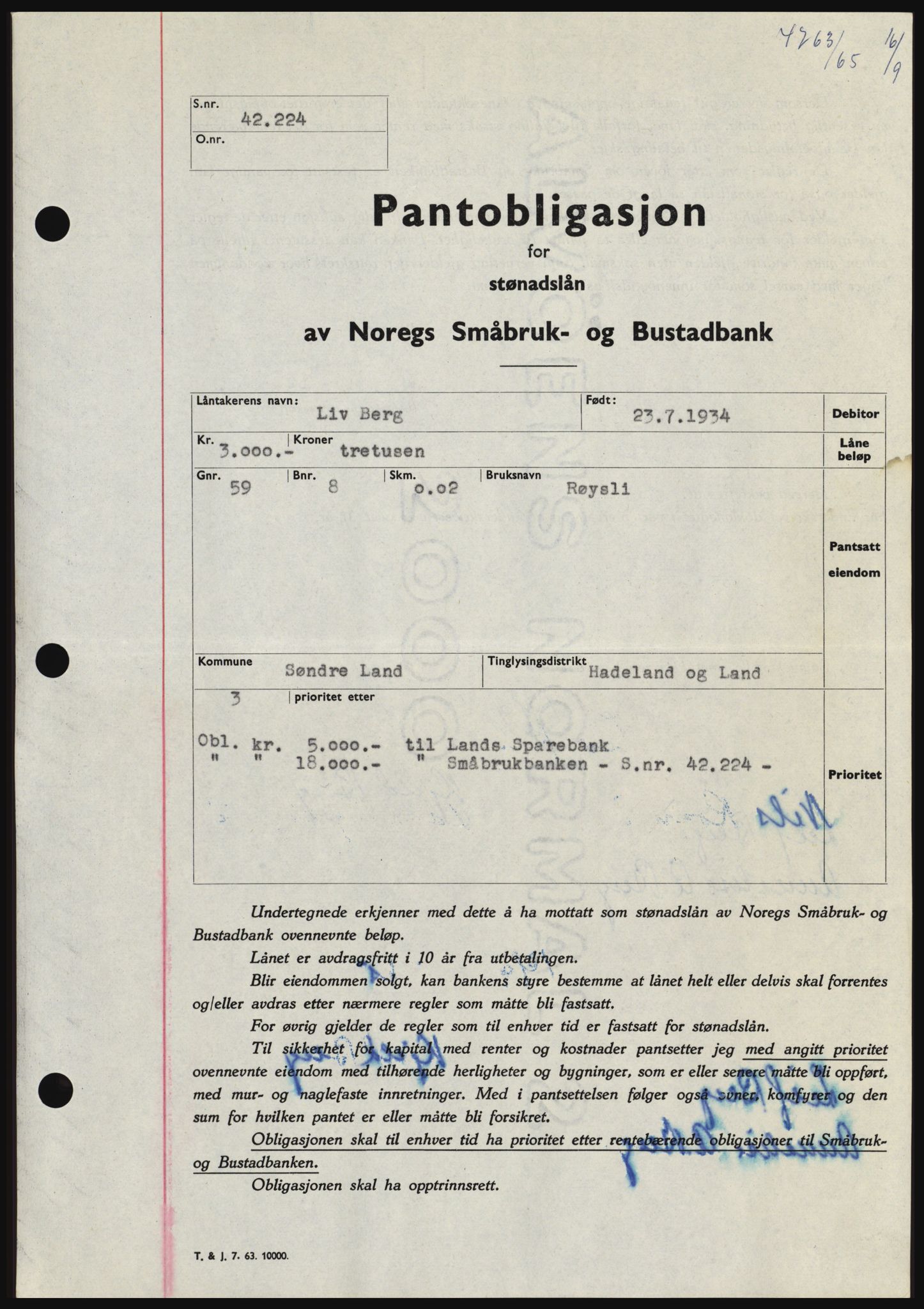 Hadeland og Land tingrett, SAH/TING-010/H/Hb/Hbc/L0060: Pantebok nr. B60, 1965-1965, Dagboknr: 4763/1965