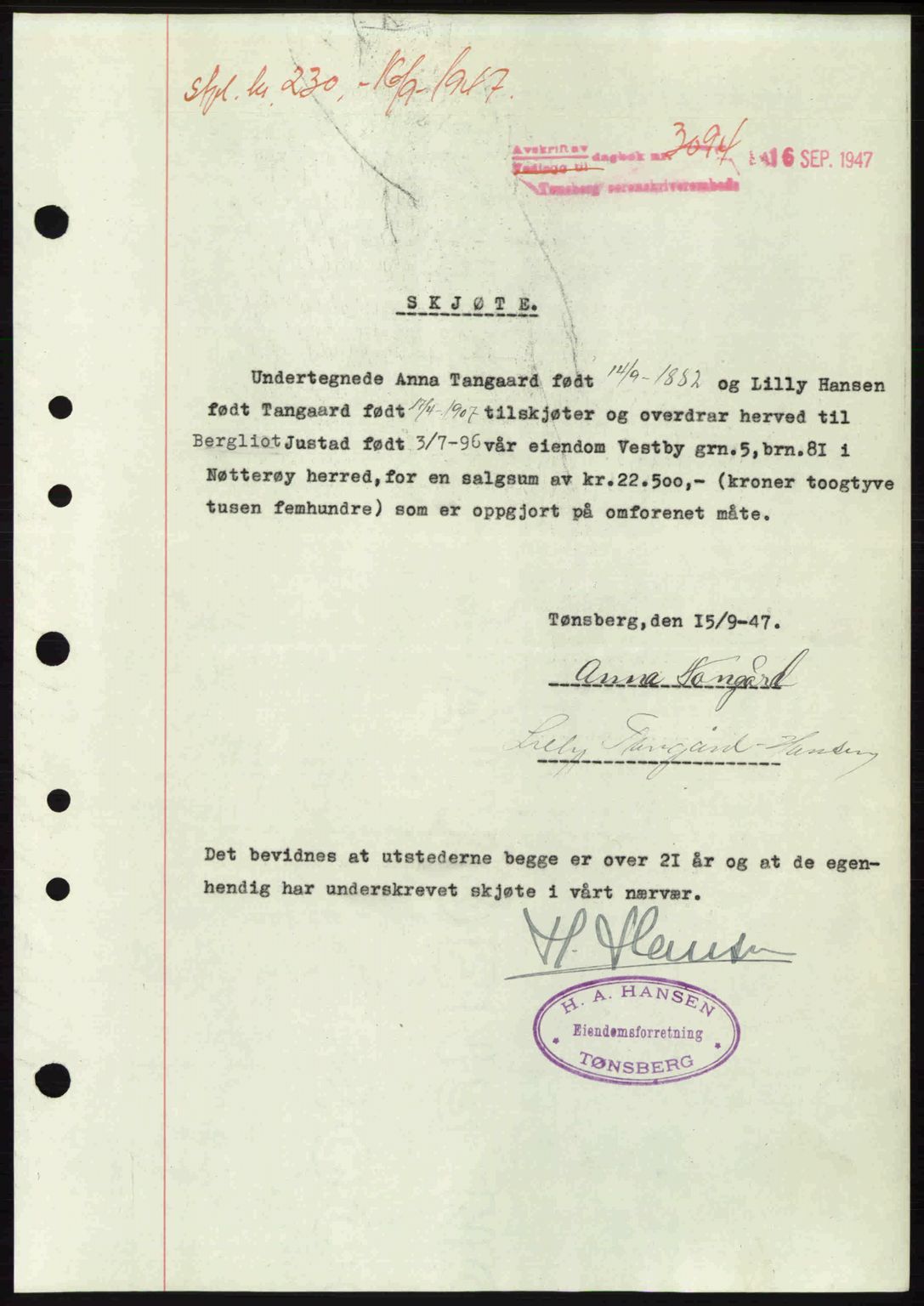 Tønsberg sorenskriveri, SAKO/A-130/G/Ga/Gaa/L0022: Pantebok nr. A22, 1947-1947, Dagboknr: 3094/1947