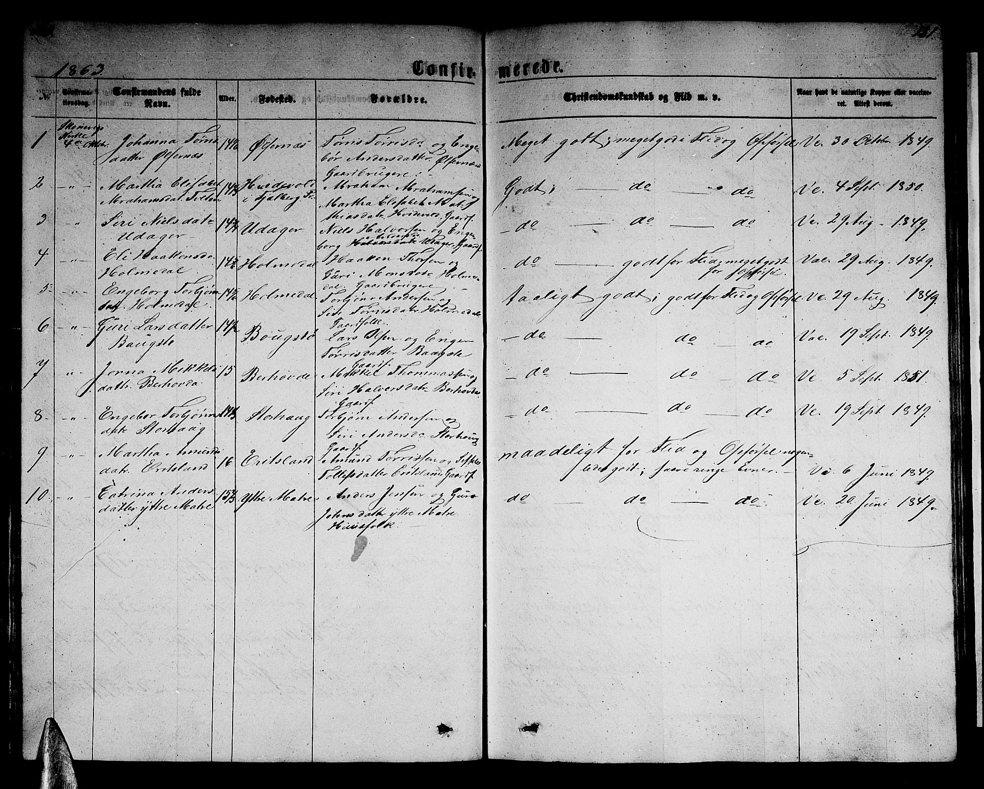 Husnes Sokneprestembete, SAB/A-75901/H/Hab: Klokkerbok nr. B 1, 1860-1883, s. 130-131