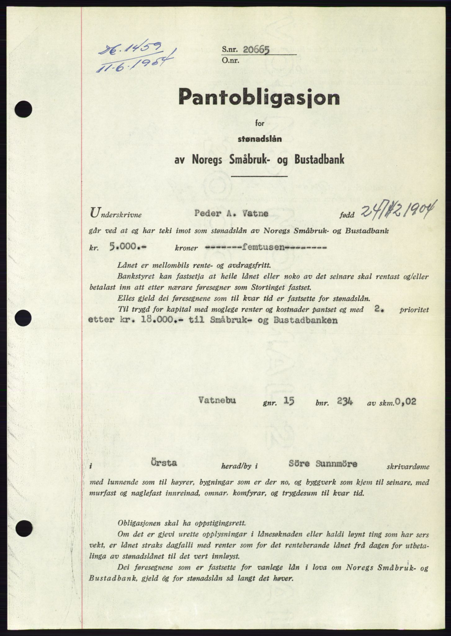 Søre Sunnmøre sorenskriveri, SAT/A-4122/1/2/2C/L0125: Pantebok nr. 13B, 1954-1954, Dagboknr: 1459/1954
