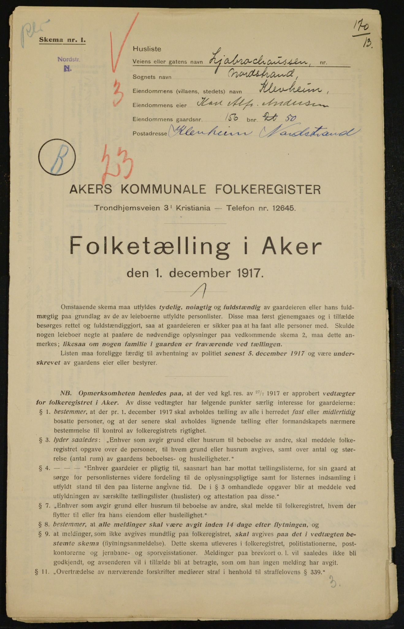 OBA, Kommunal folketelling 1.12.1917 for Aker, 1917, s. 20134