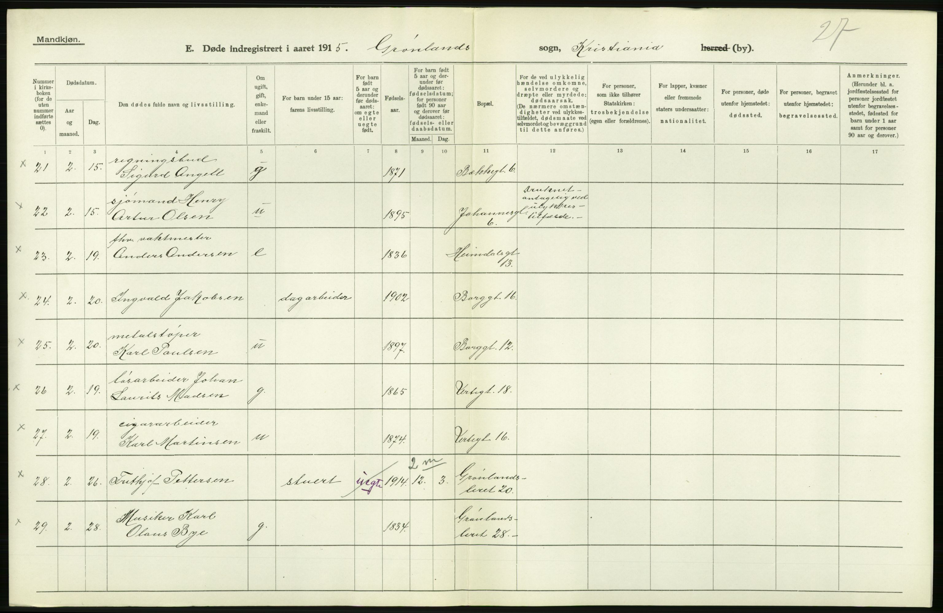 Statistisk sentralbyrå, Sosiodemografiske emner, Befolkning, AV/RA-S-2228/D/Df/Dfb/Dfbe/L0010: Kristiania: Døde, dødfødte., 1915, s. 62