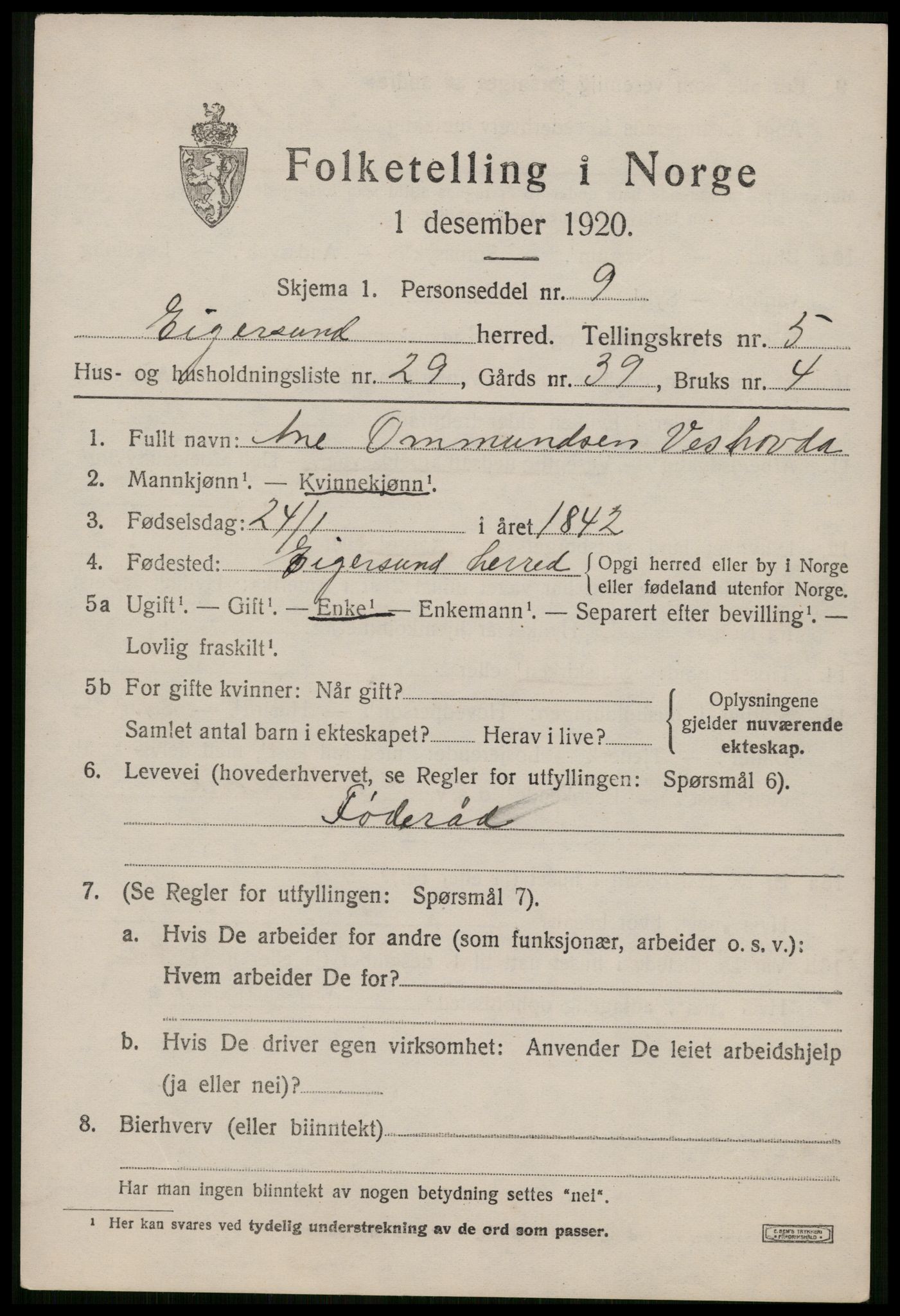 SAST, Folketelling 1920 for 1116 Eigersund herred, 1920, s. 3871