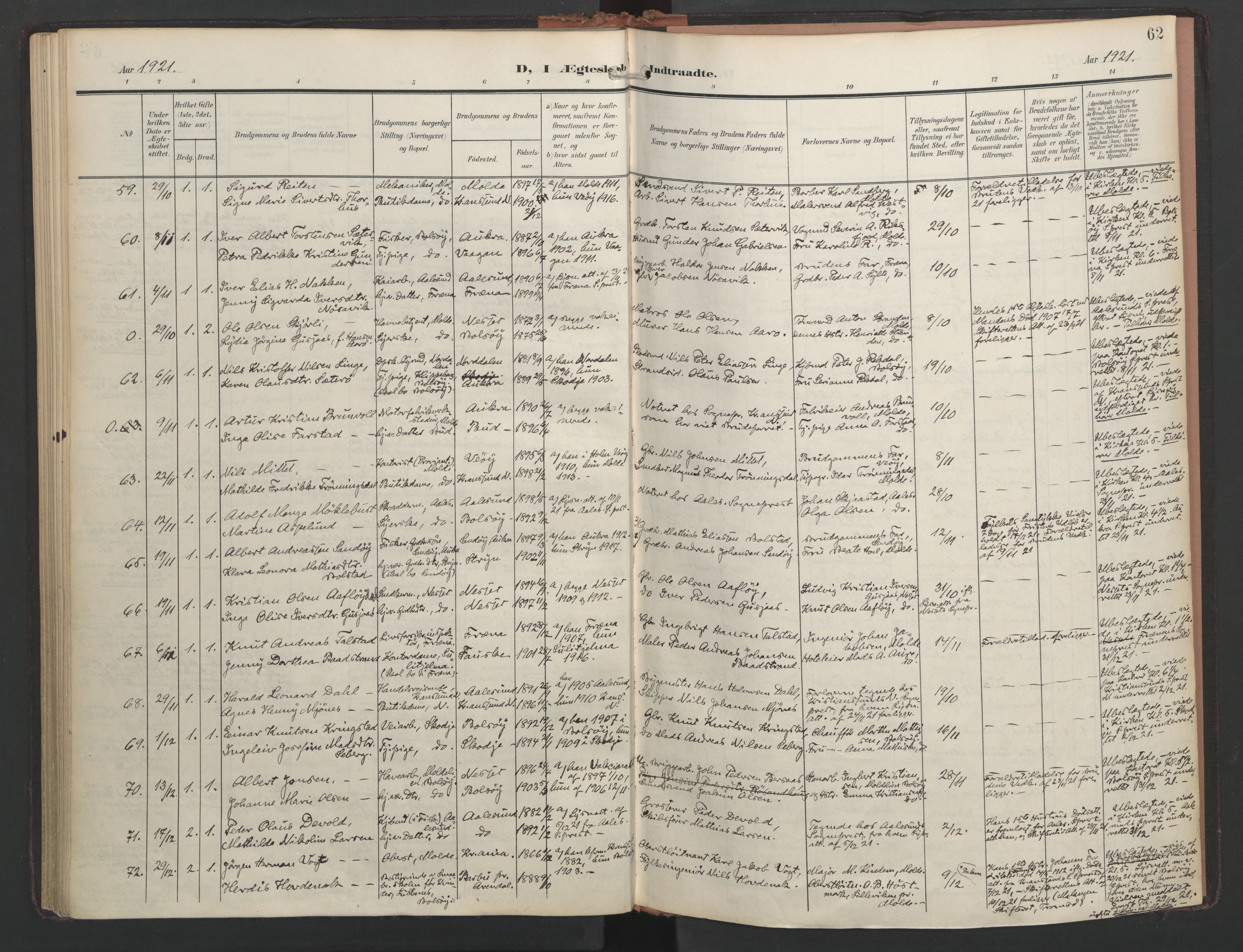 Ministerialprotokoller, klokkerbøker og fødselsregistre - Møre og Romsdal, AV/SAT-A-1454/558/L0694: Ministerialbok nr. 558A08, 1907-1922, s. 62