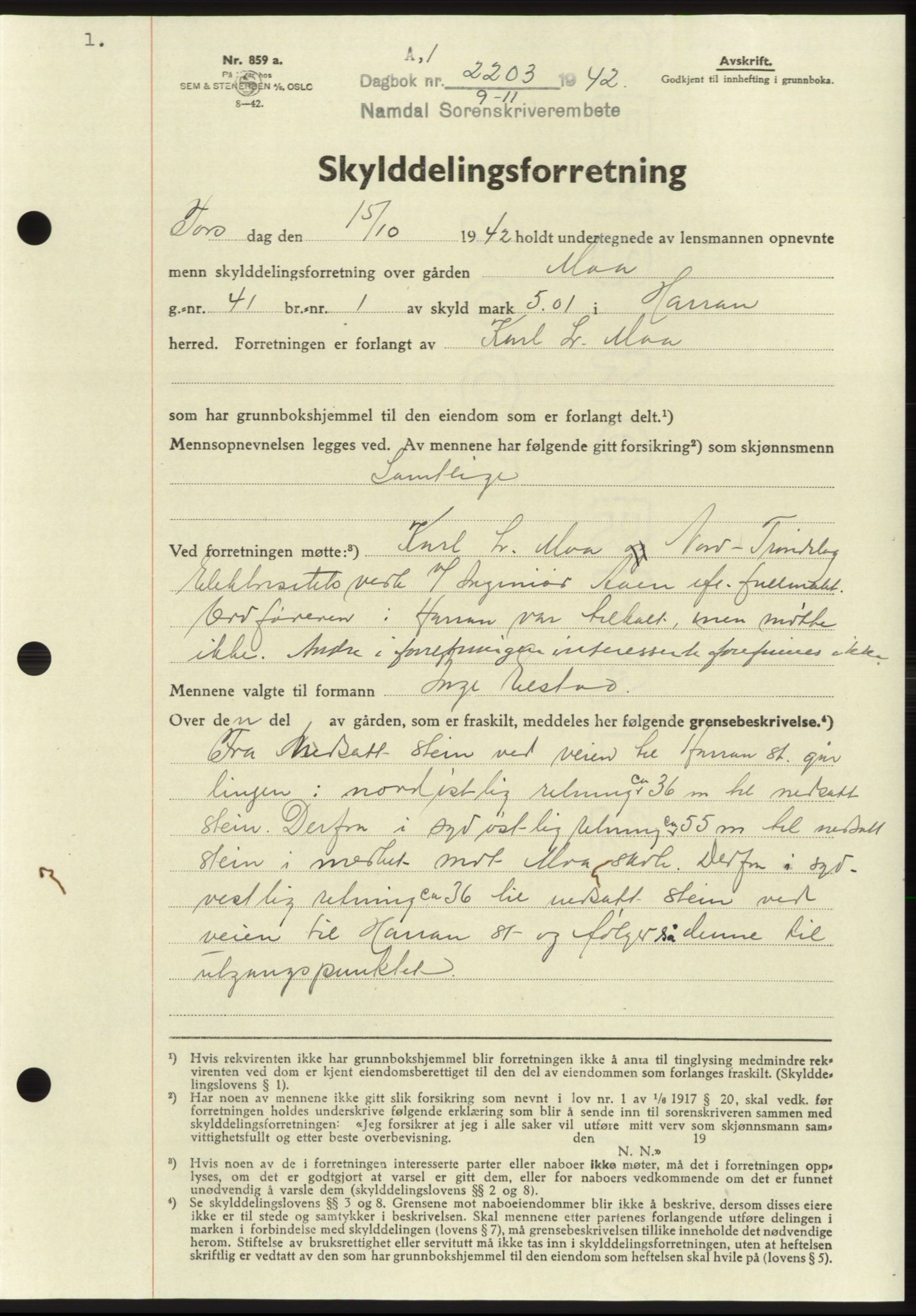 Namdal sorenskriveri, SAT/A-4133/1/2/2C: Pantebok nr. -, 1942-1943, Dagboknr: 2203/1942