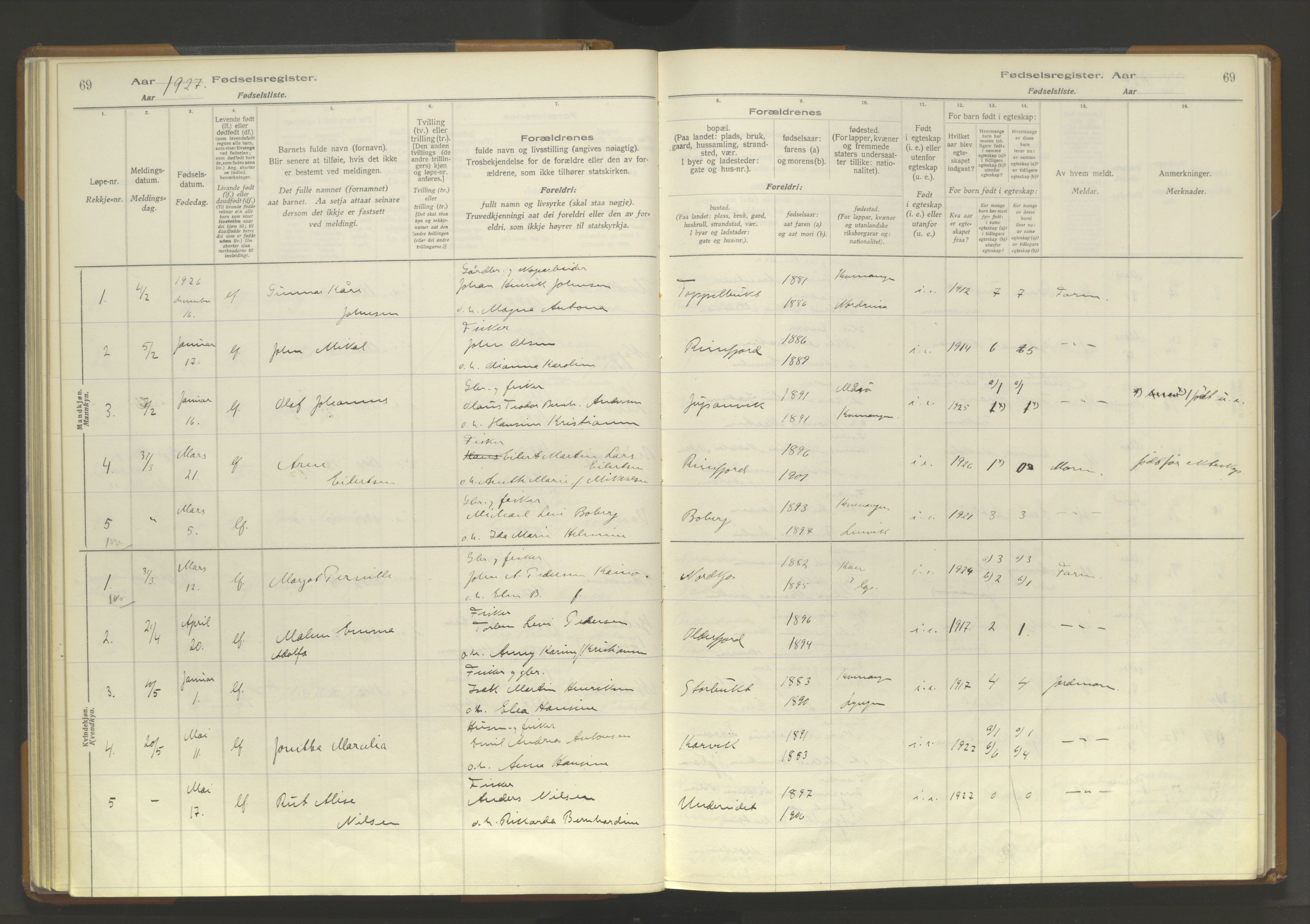 Skjervøy sokneprestkontor, SATØ/S-1300/I/Ia/L0062: Fødselsregister nr. 62, 1916-1950, s. 69