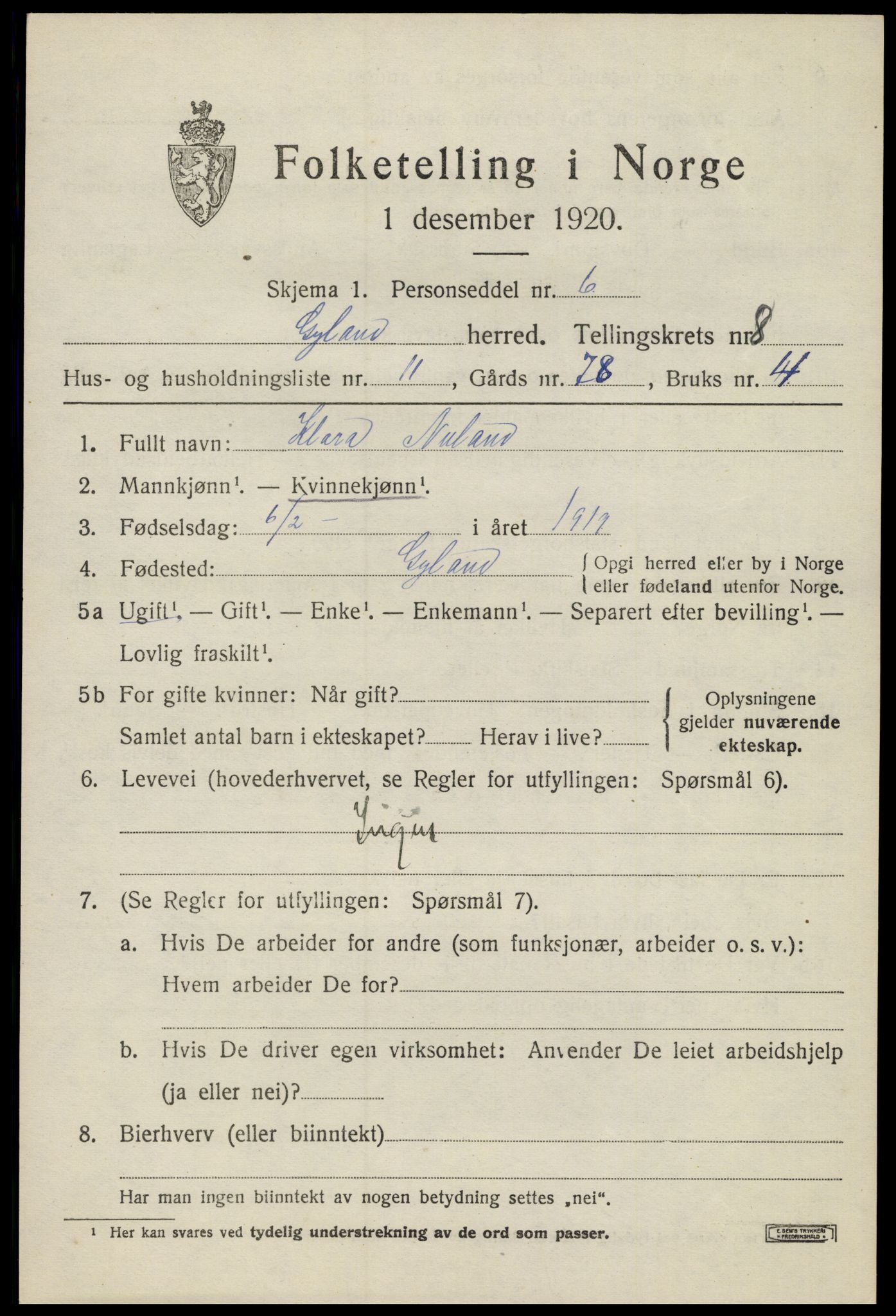 SAK, Folketelling 1920 for 1044 Gyland herred, 1920, s. 1790