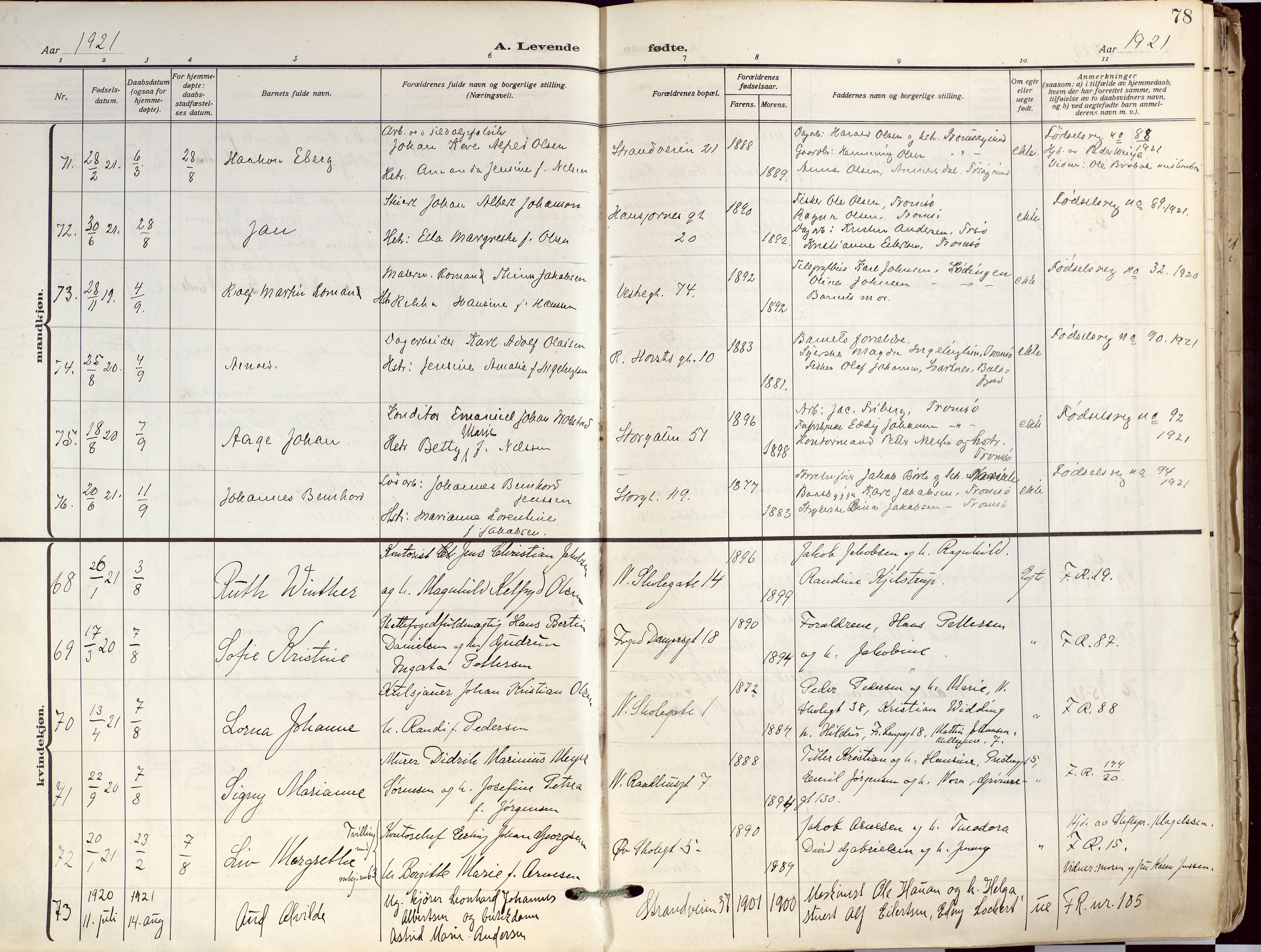 Tromsø sokneprestkontor/stiftsprosti/domprosti, AV/SATØ-S-1343/G/Ga/L0019kirke: Ministerialbok nr. 19, 1917-1927, s. 78