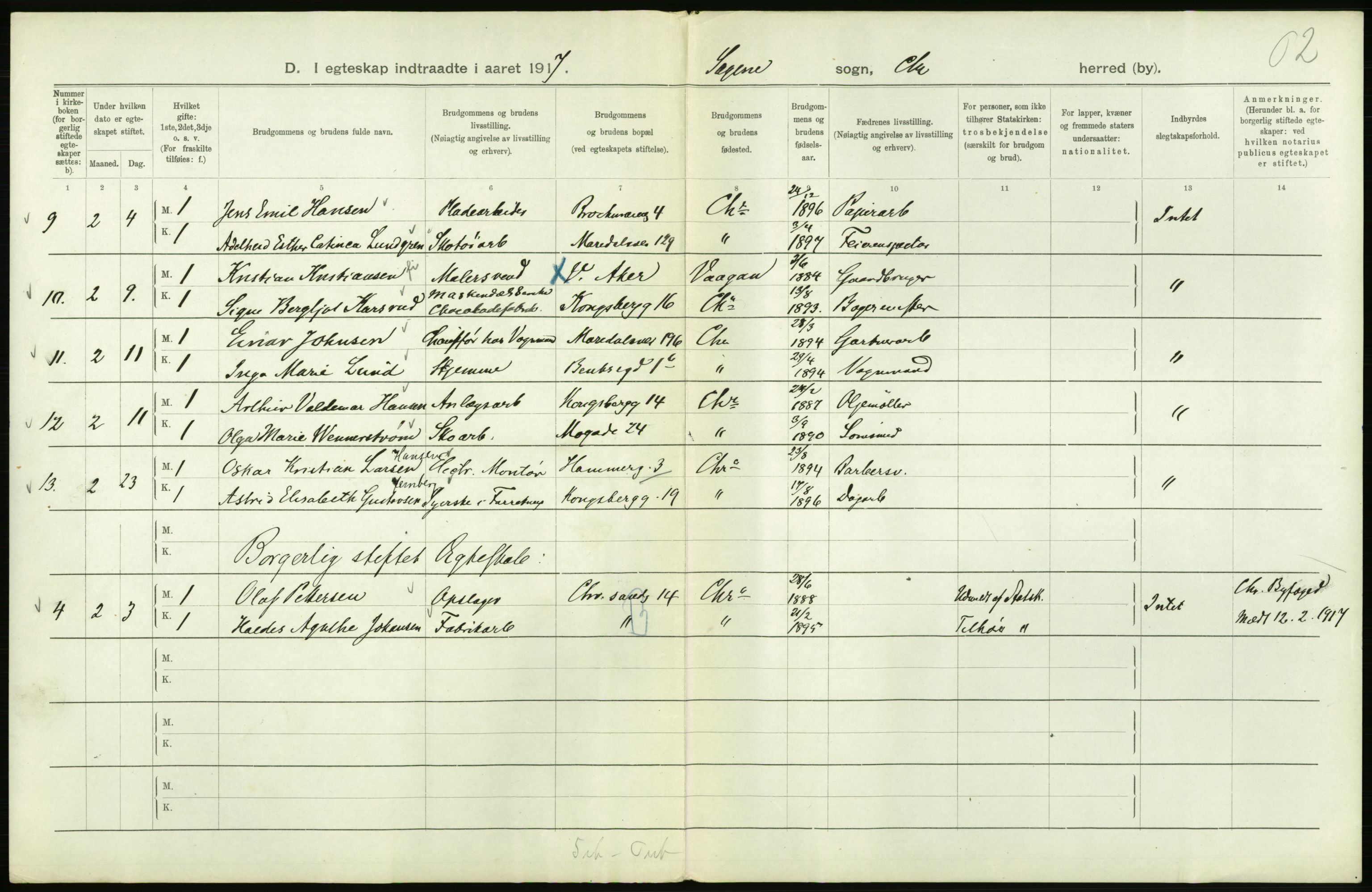 Statistisk sentralbyrå, Sosiodemografiske emner, Befolkning, AV/RA-S-2228/D/Df/Dfb/Dfbg/L0008: Kristiania: Gifte, 1917, s. 430