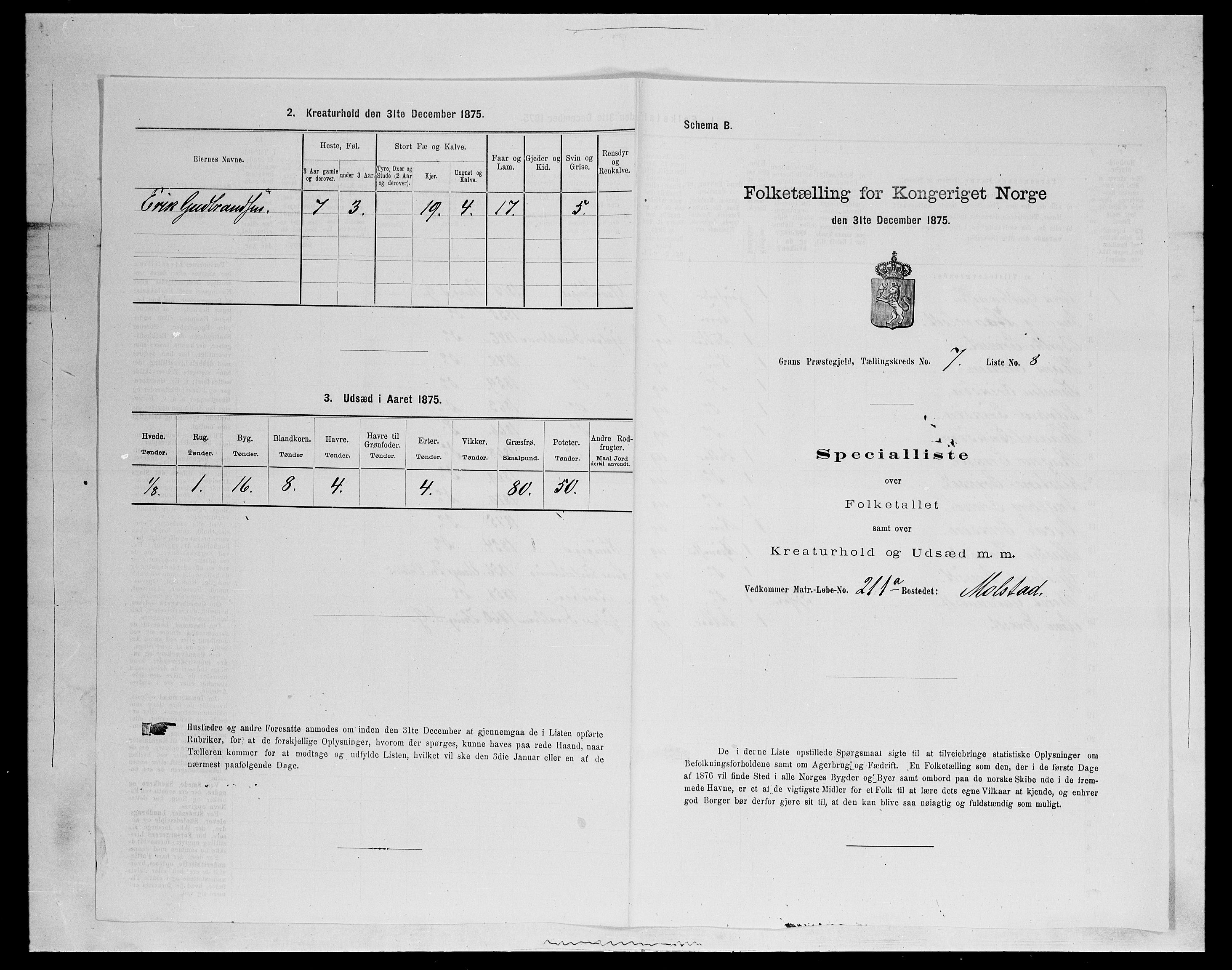SAH, Folketelling 1875 for 0534P Gran prestegjeld, 1875, s. 1182