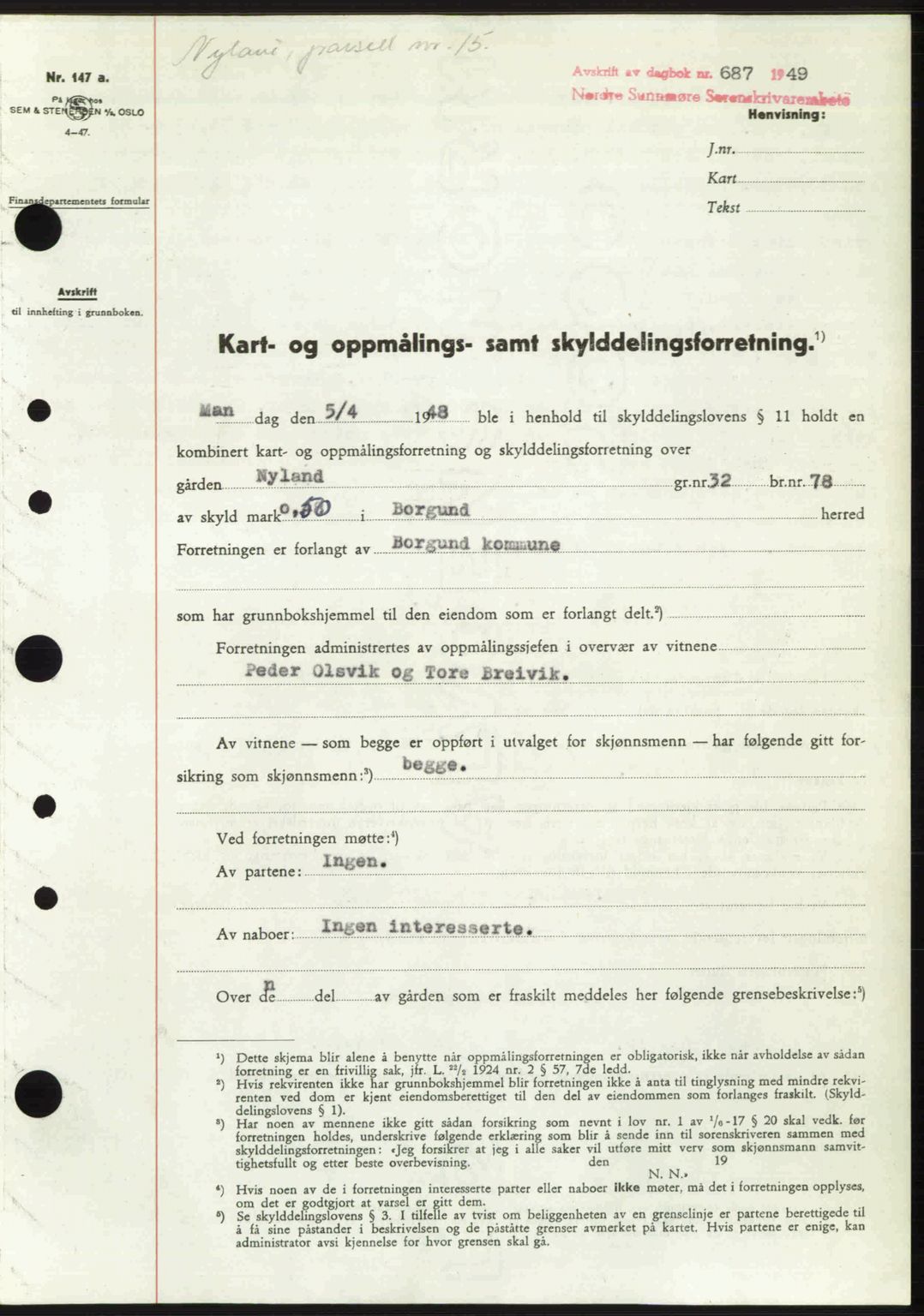 Nordre Sunnmøre sorenskriveri, SAT/A-0006/1/2/2C/2Ca: Pantebok nr. A30, 1949-1949, Dagboknr: 687/1949