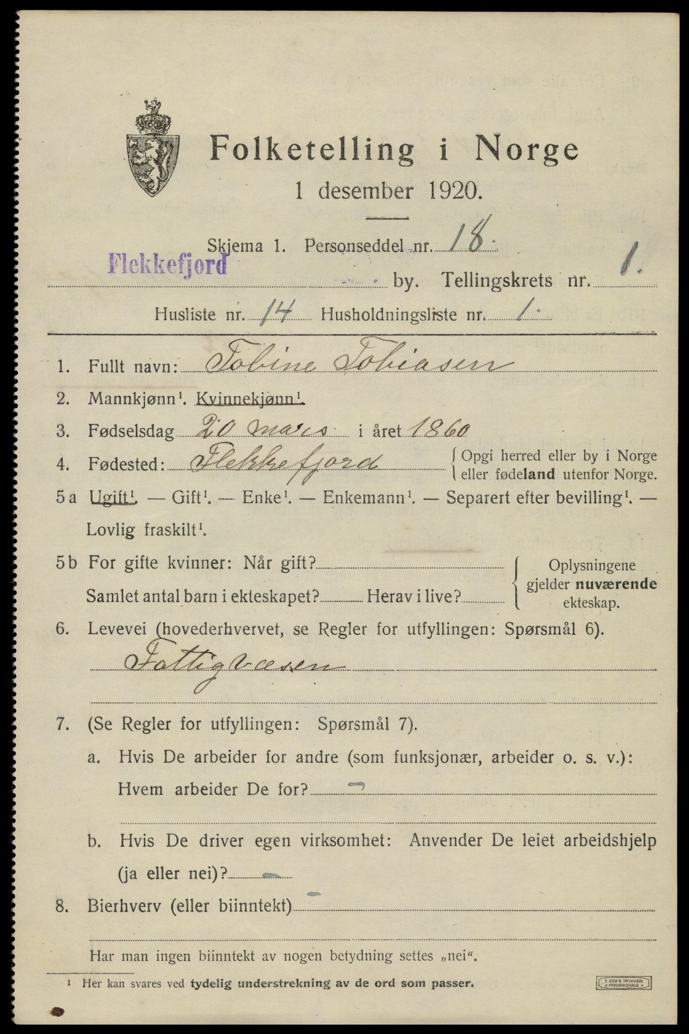 SAK, Folketelling 1920 for 1004 Flekkefjord kjøpstad, 1920, s. 2030