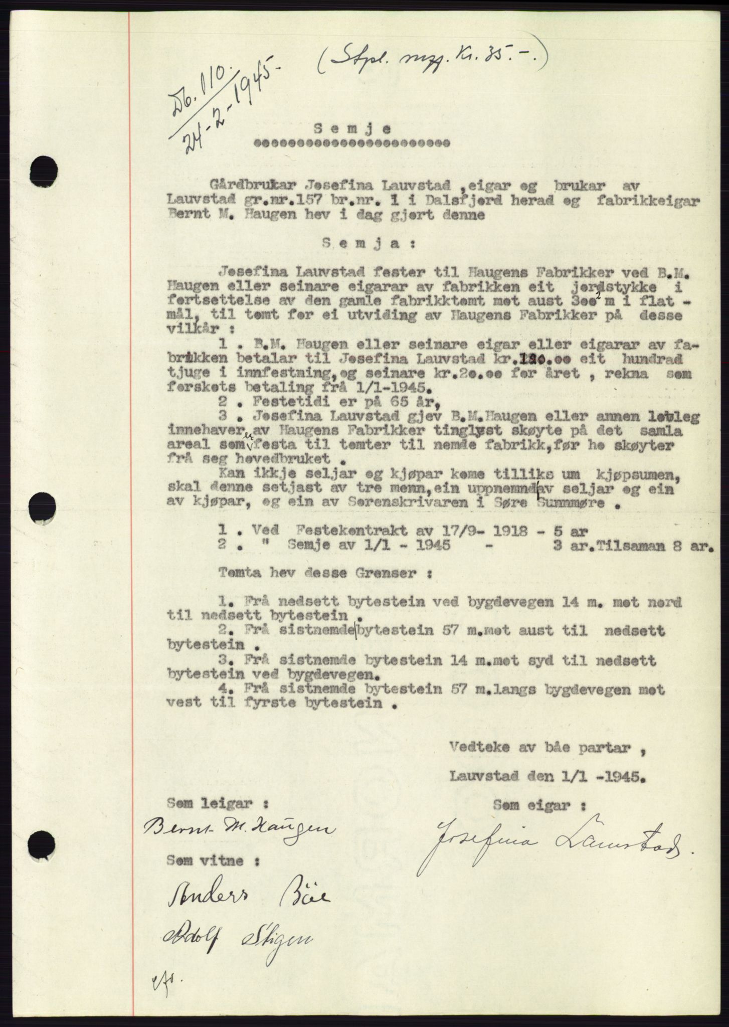 Søre Sunnmøre sorenskriveri, AV/SAT-A-4122/1/2/2C/L0114: Pantebok nr. 1-2B, 1943-1947, Dagboknr: 110/1945