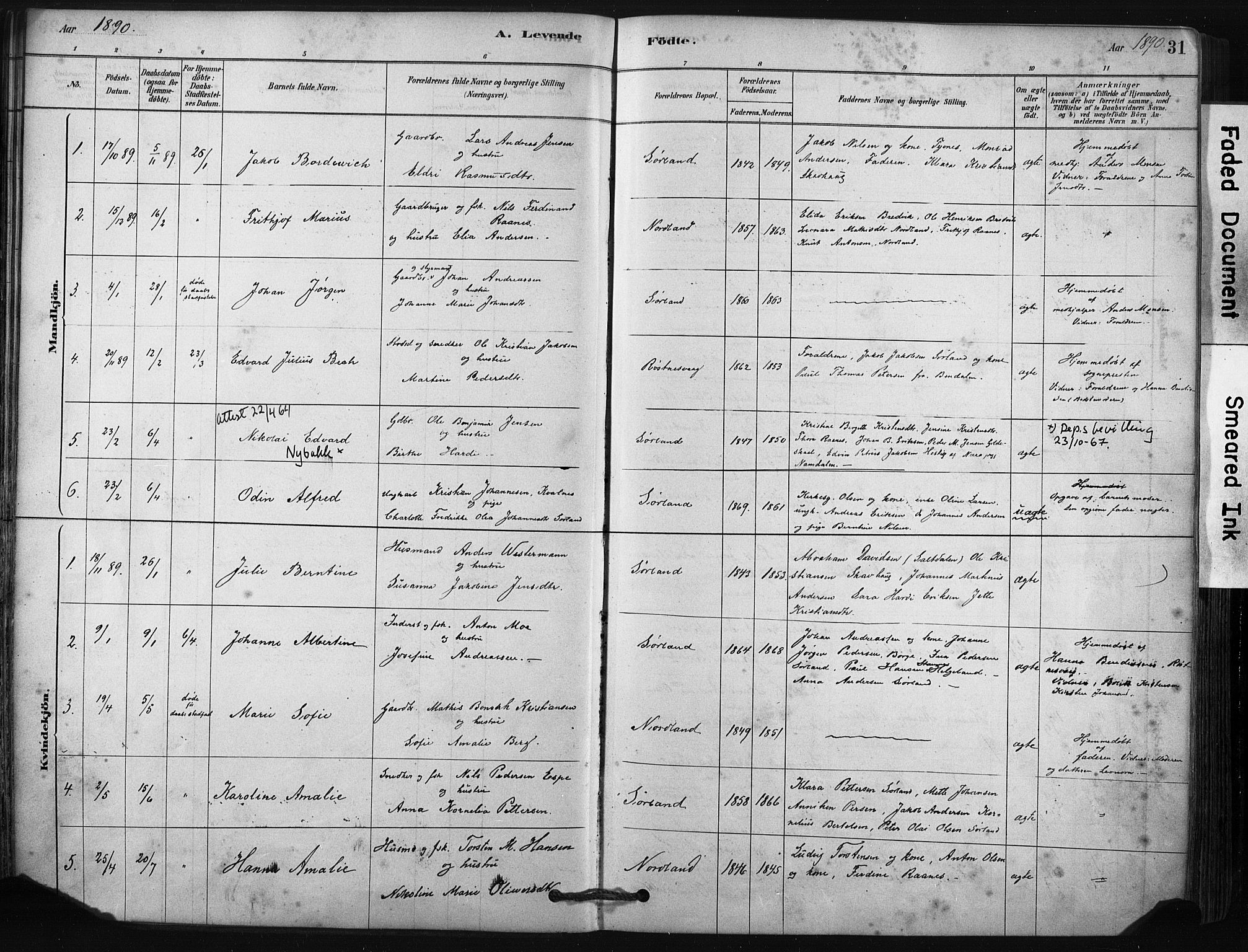 Ministerialprotokoller, klokkerbøker og fødselsregistre - Nordland, SAT/A-1459/807/L0122: Ministerialbok nr. 807A05, 1880-1902, s. 31