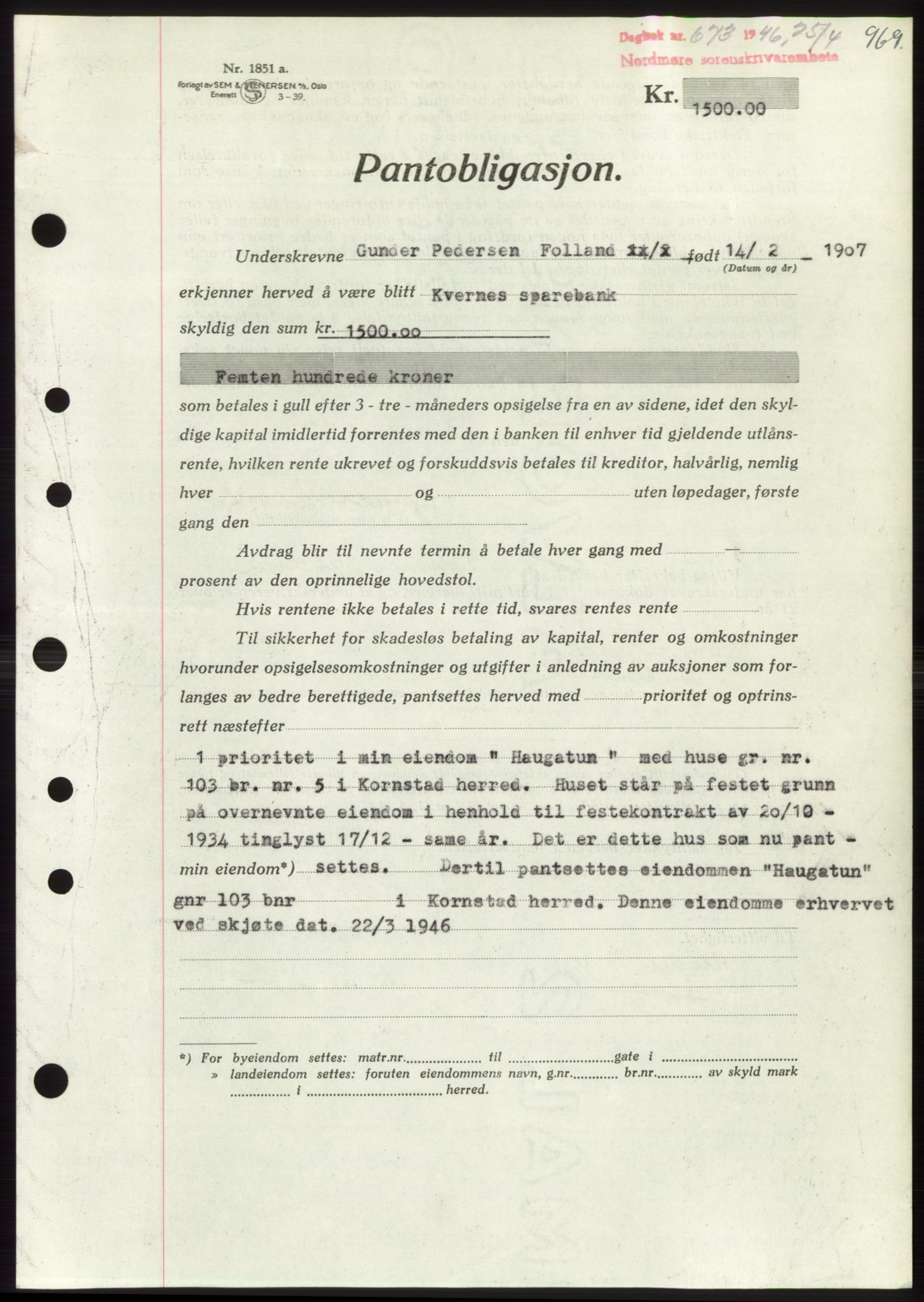 Nordmøre sorenskriveri, SAT/A-4132/1/2/2Ca: Pantebok nr. B93b, 1946-1946, Dagboknr: 673/1946